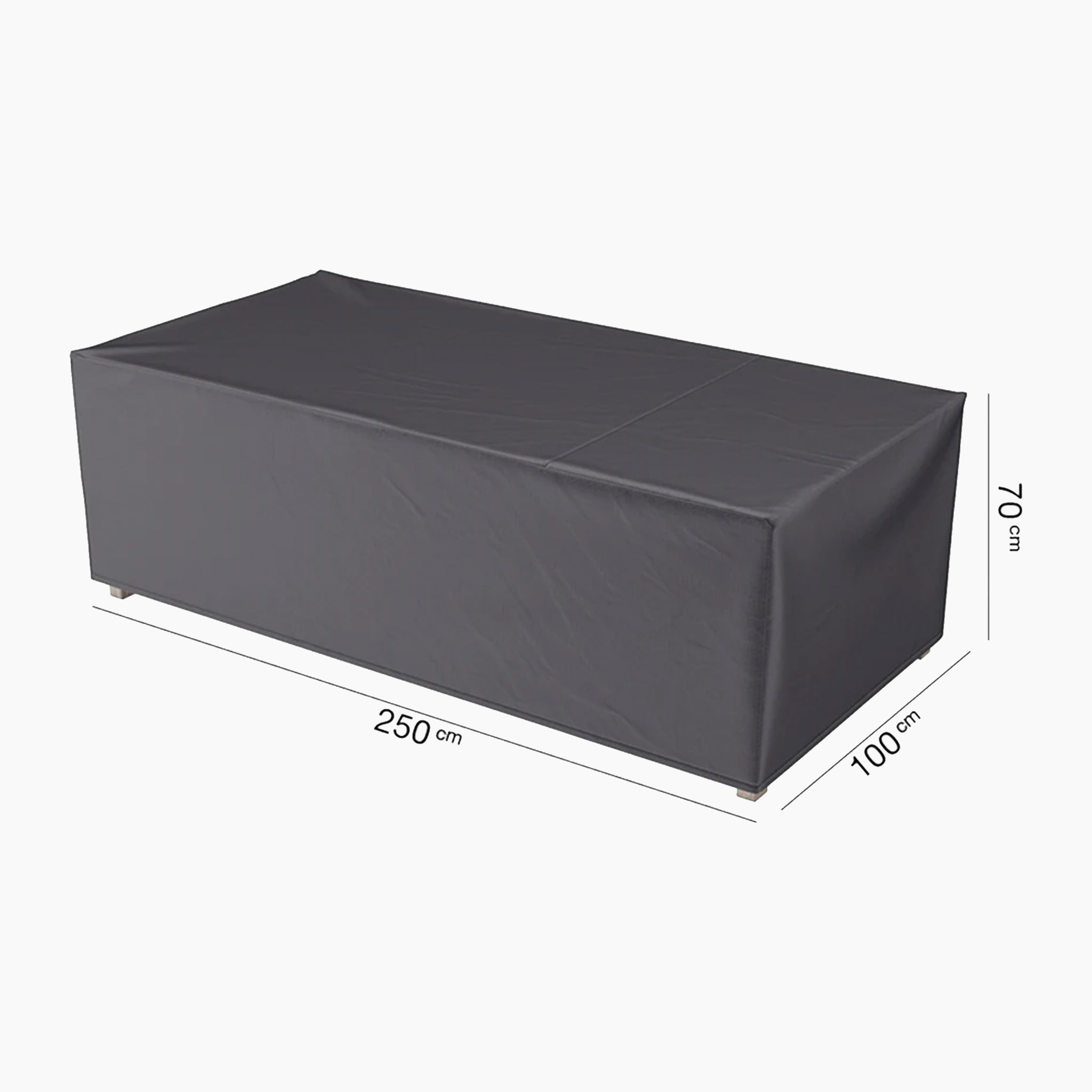 The AeroCover - Lounge Bench Cover offers a rectangular design in gray with dimensions of 250cm x 100cm x 70cm. It features UV protection and is waterproof, providing all-weather protection for your furniture.