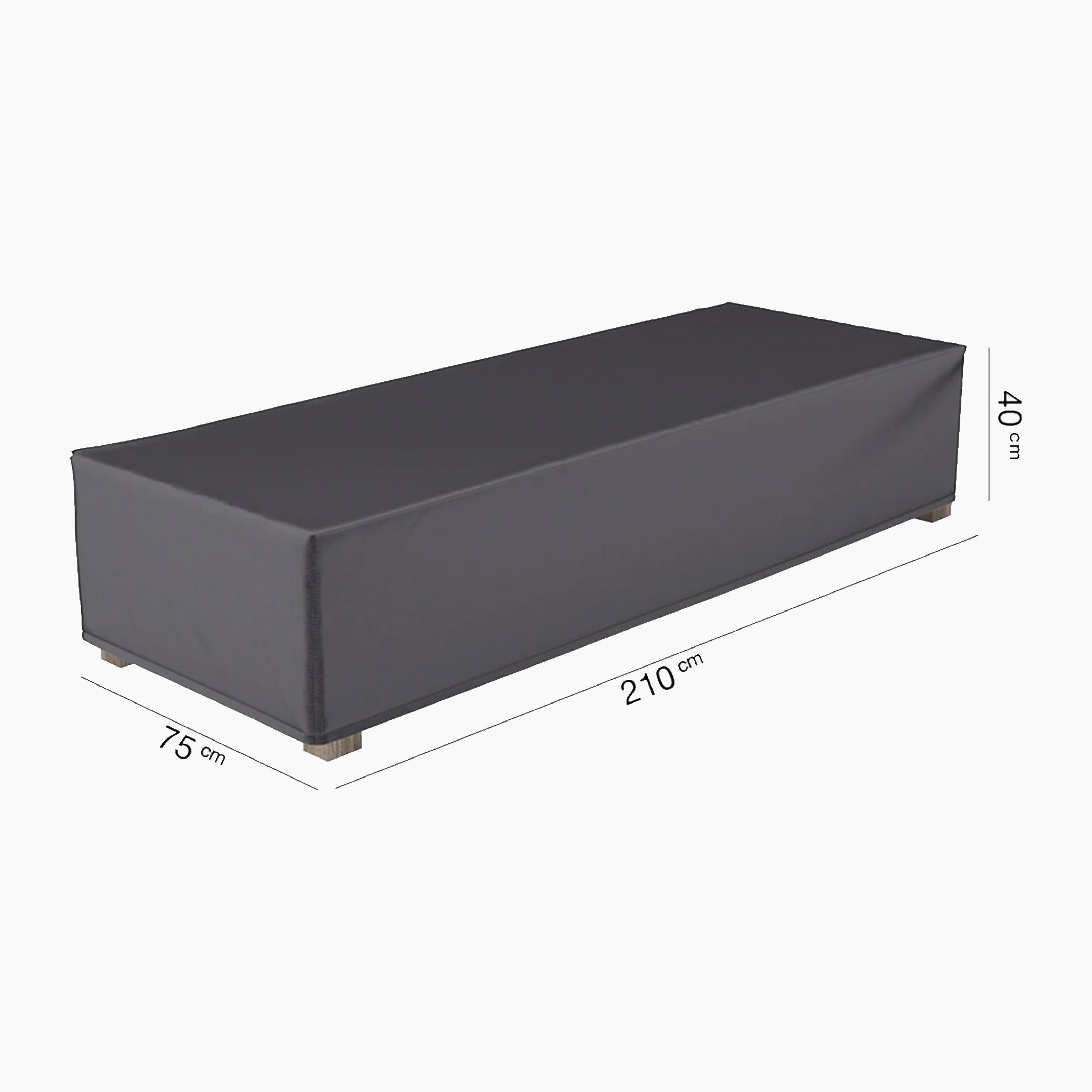 The AeroCover Loungebed Cover, measuring 210x75x40cm, is a rectangular UV-protective black cover designed for enhanced durability.