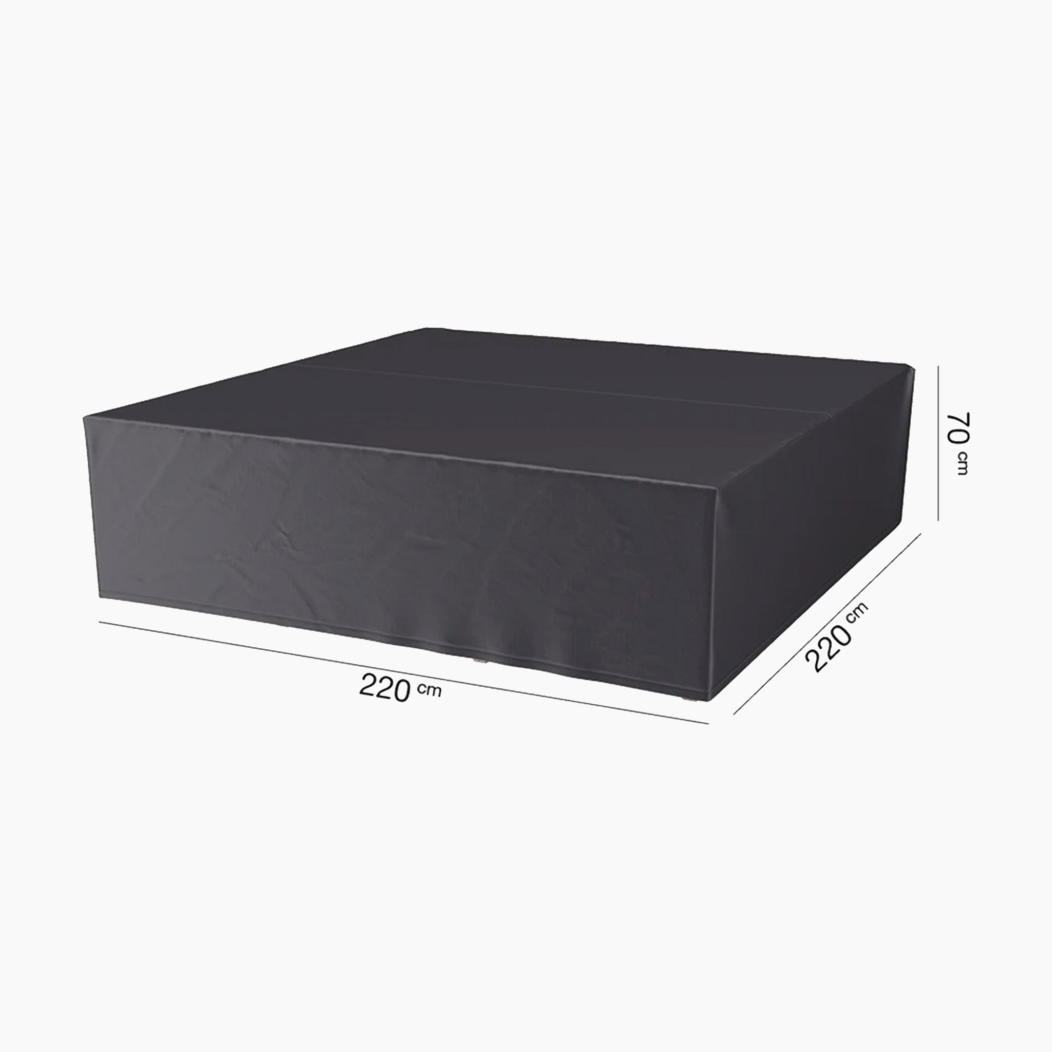 The AeroCover - Square Lounge Set Cover, measuring 220 x 70cm high, delivers unrivaled outdoor furniture protection with its black design and water-resistant properties to endure various weather conditions.