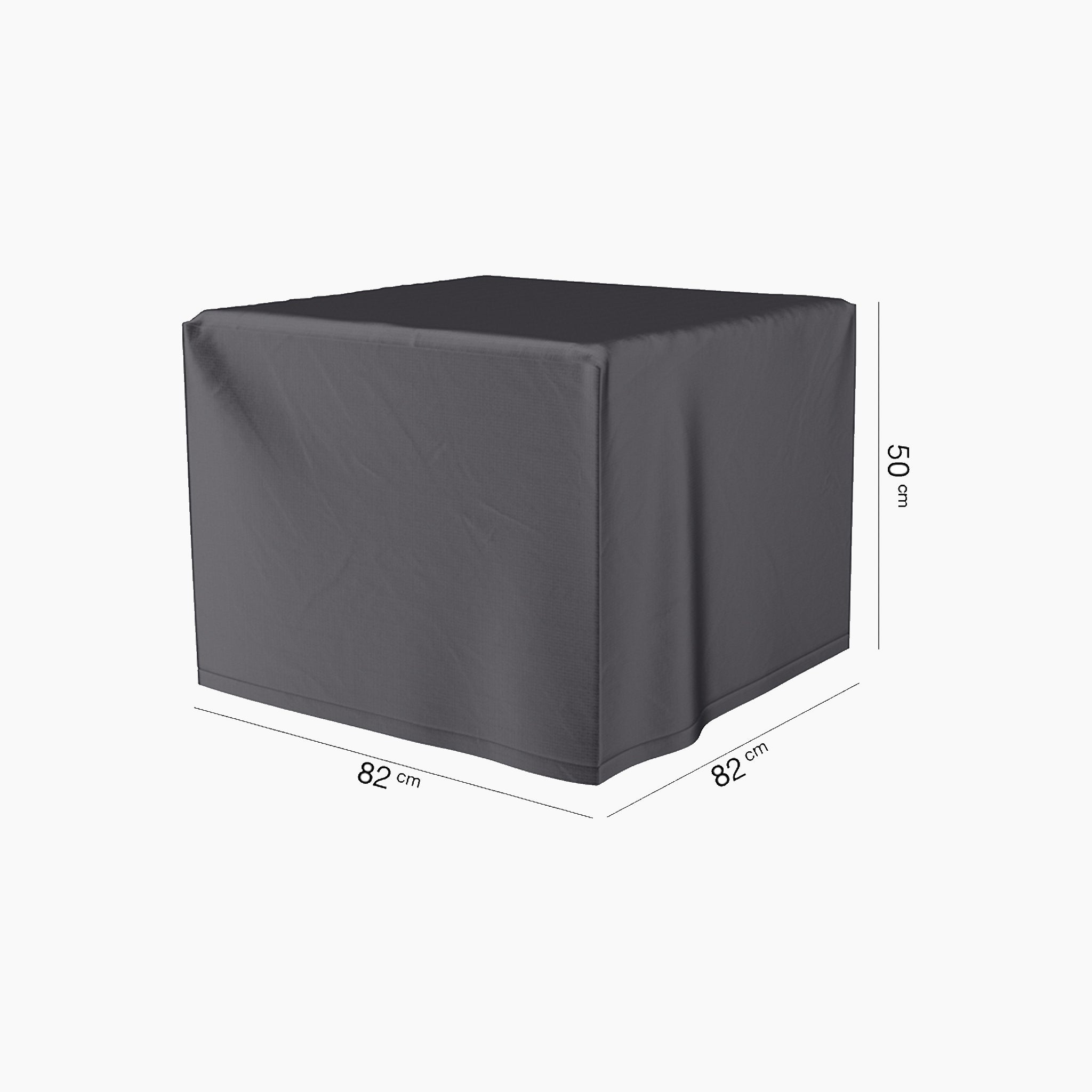 A black square AeroCover - Firetable, measuring 82 cm by 82 cm by 50 cm, is water-resistant.