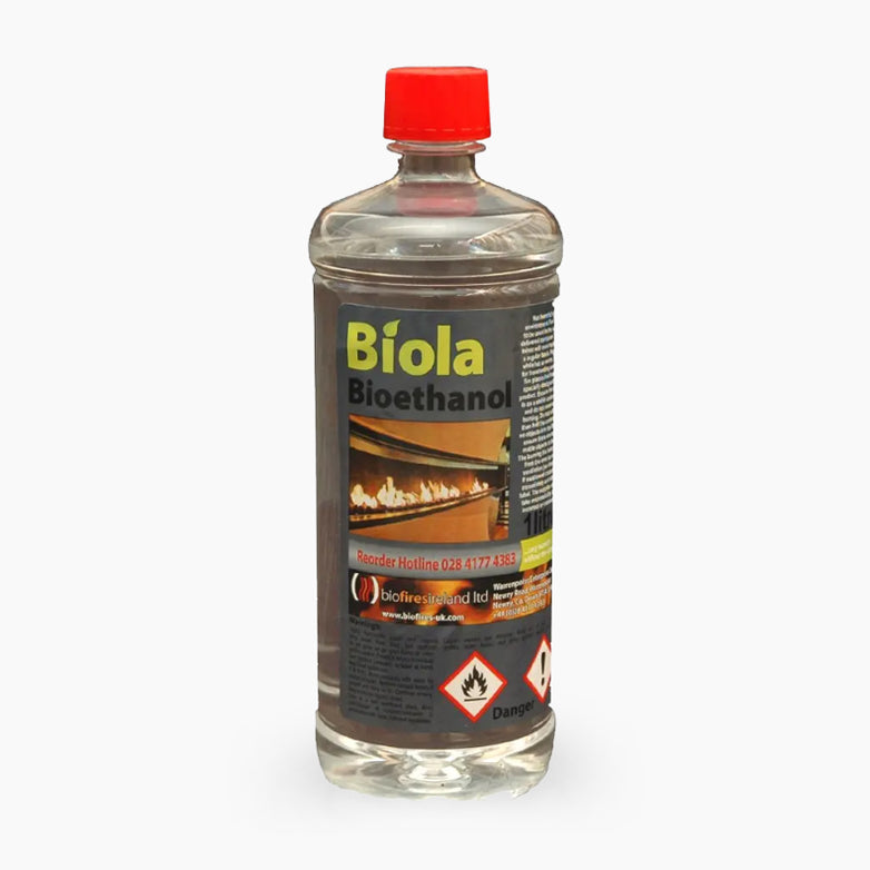 Clear bottle with a red cap labeled "Bioethanol Liquid 1L Bottle for Höfats SPIN 900, 1200 & 1500," featuring warning symbols and an image of a burning fireplace. This CO²-neutral bioethanol liquid is made from renewable raw materials.