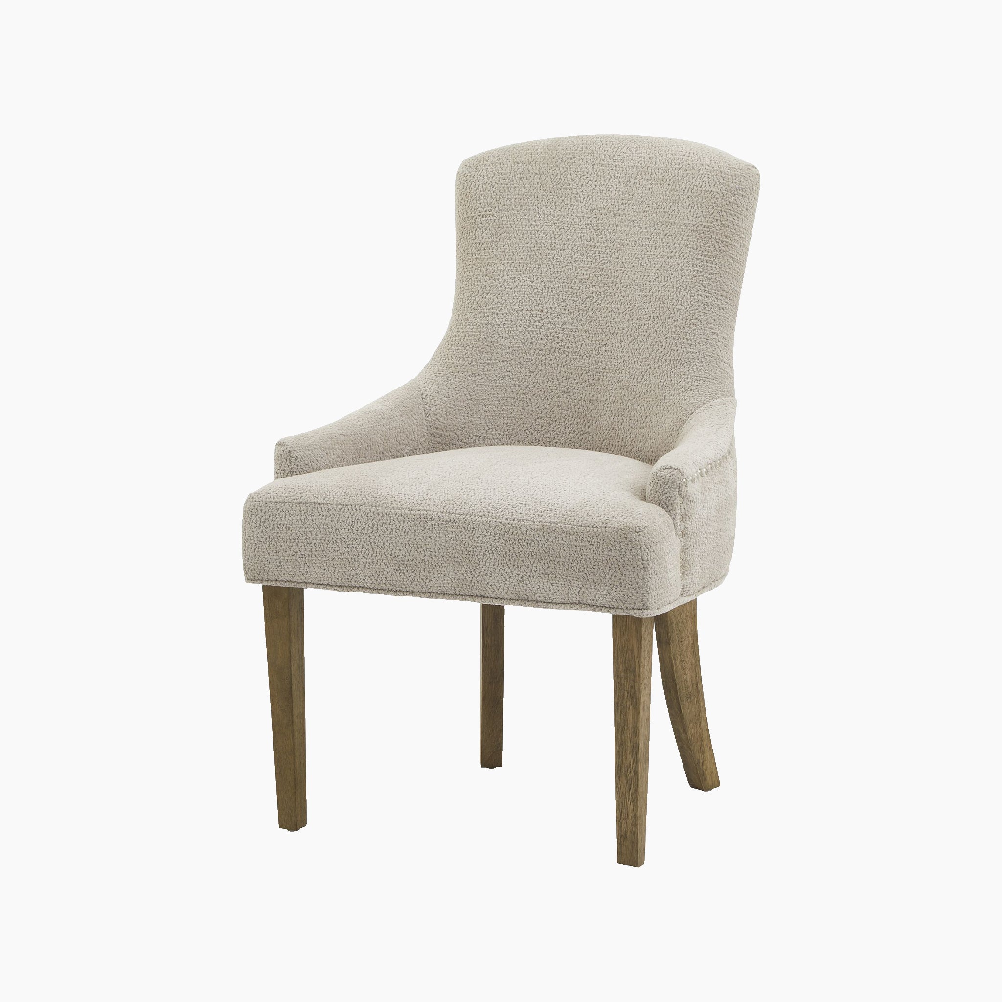 The Brockham Taupe Dining Chair showcases a taupe upholstered seat paired with a gracefully curved backrest, supported by durable wooden legs made from a strong rubberwood structure.