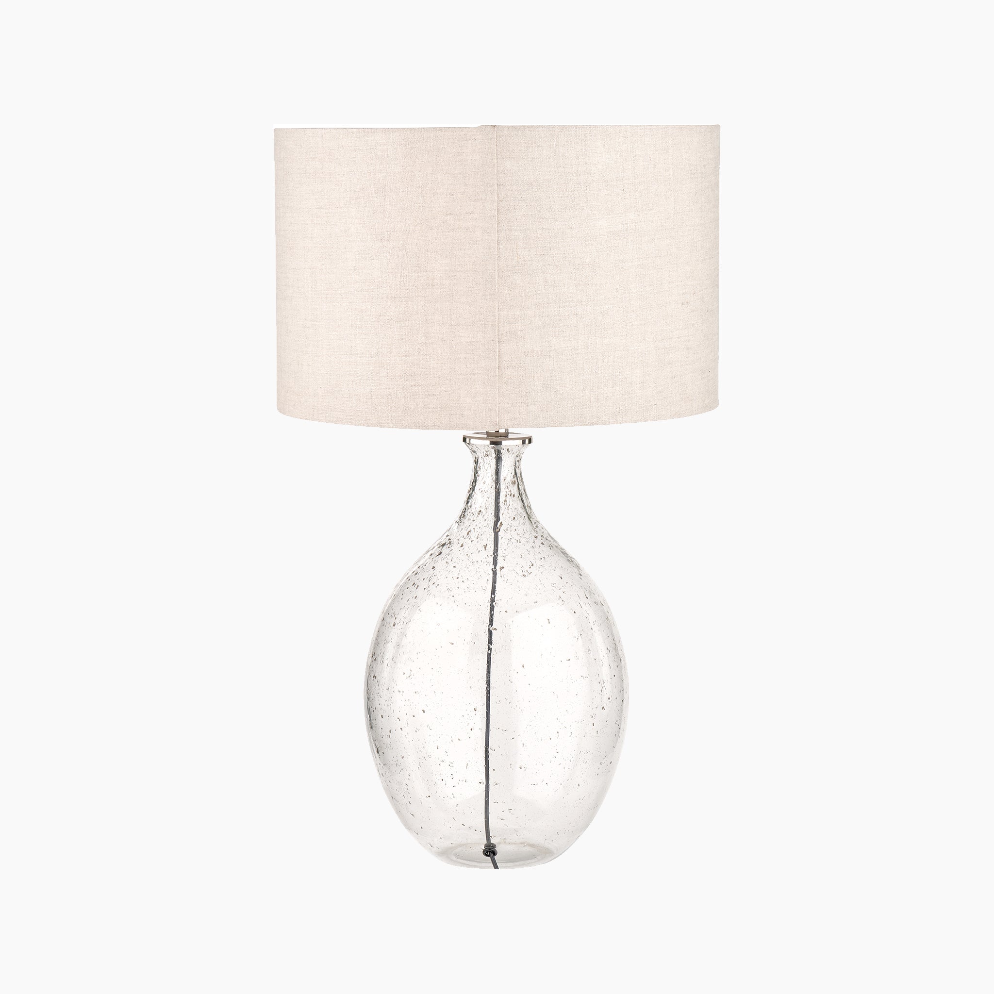 The Elysia Bubble Glass and Silver Metal Curved Table Lamp showcases an organic form with a speckled texture and is paired with a beige fabric drum shade.