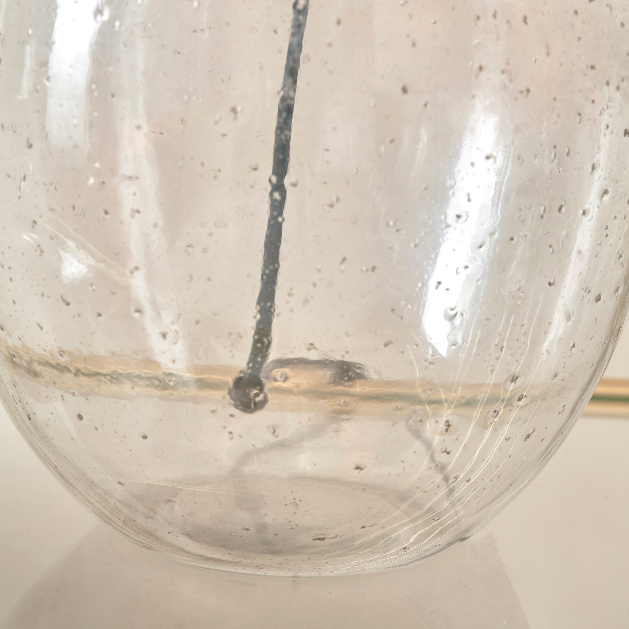 Close-up of a transparent glass vase with an organic shape, showcasing a black stem inside and water droplets on the surface, reminiscent of the graceful design found in the Elysia Bubble Glass and Silver Metal Curved Table Lamp.