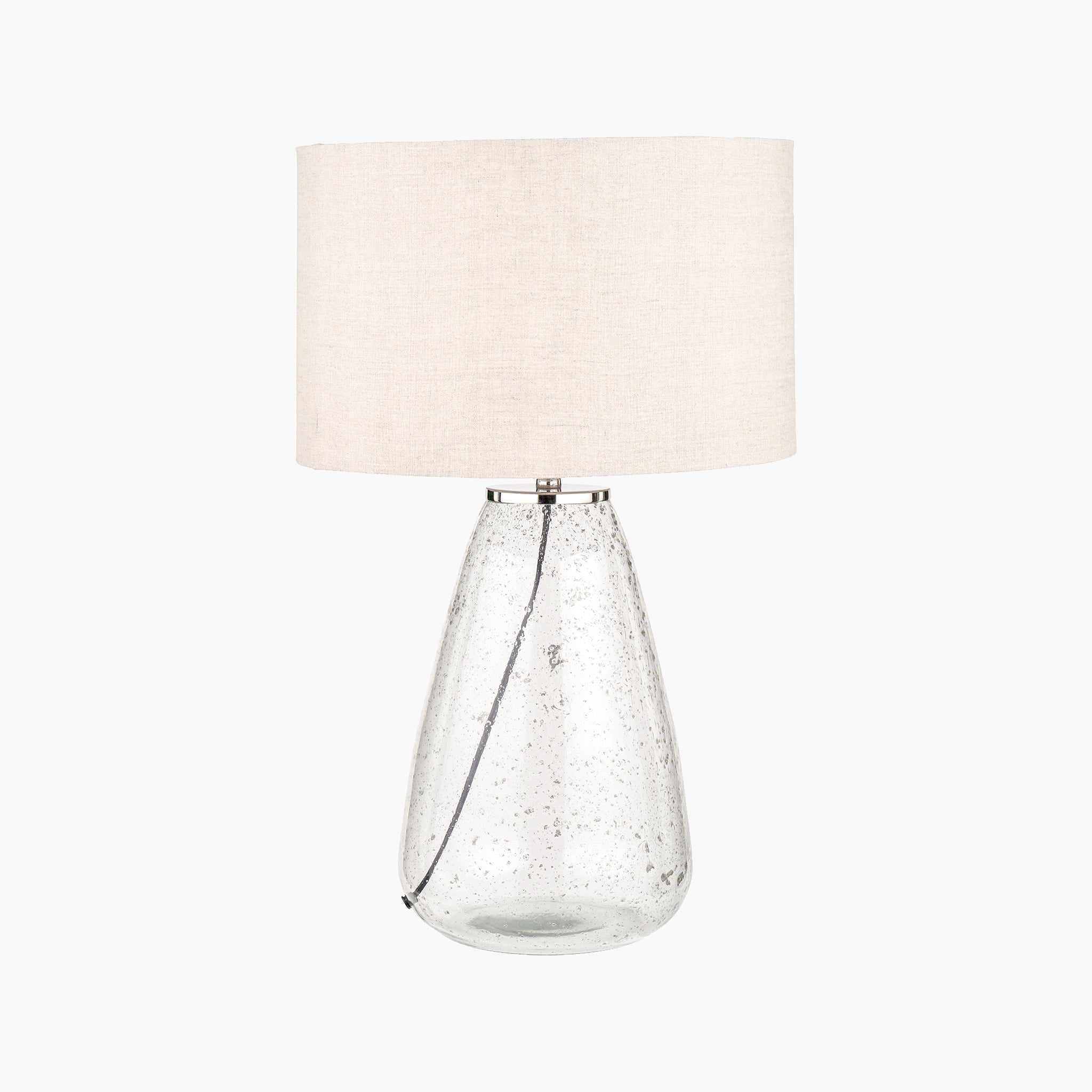 Elysia Bubble Glass and Silver Metal Table Lamp features a clear glass design with a textured base and a natural linen lampshade, adding an elegant touch to any room.