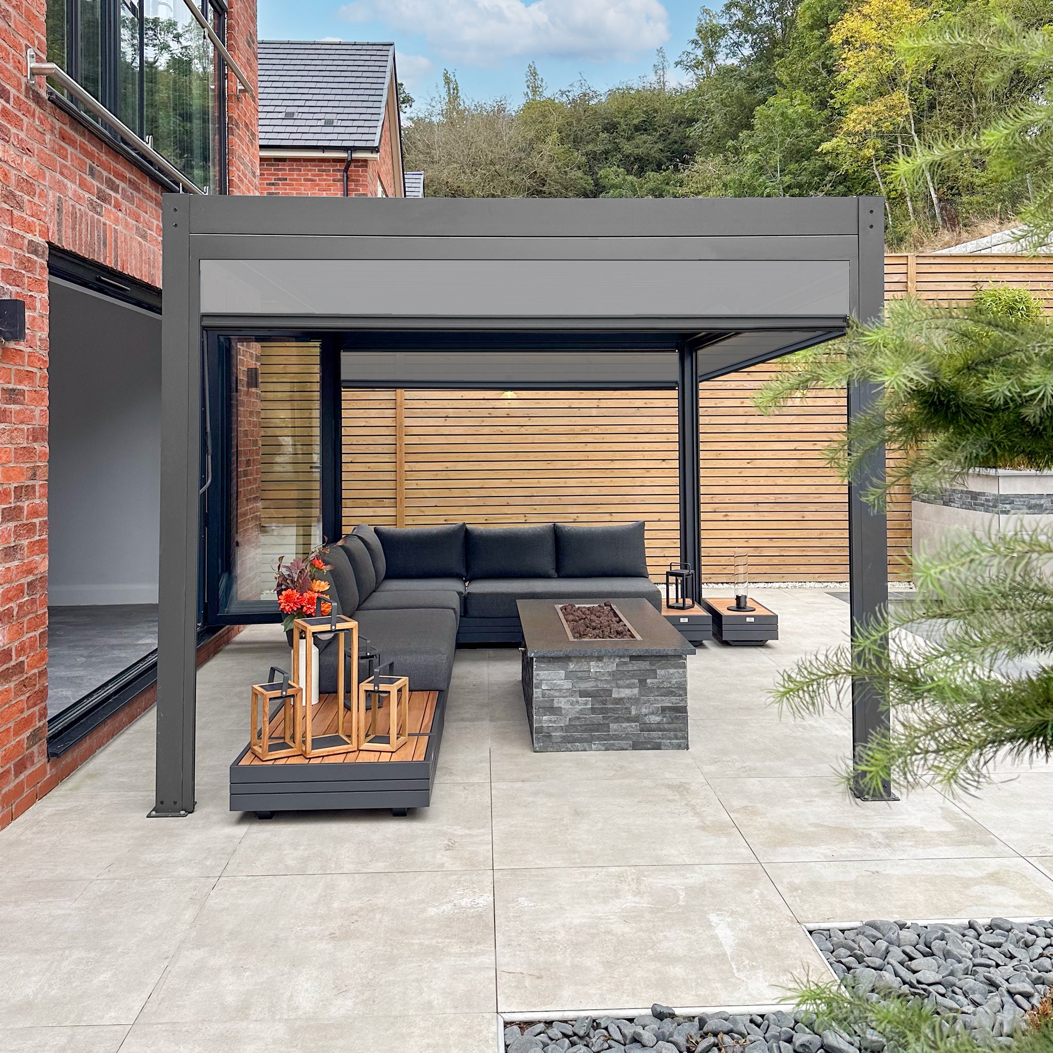 PergoSTET 3m x 3m Square Pergola with 3 Drop Sides and LED Lighting in Grey