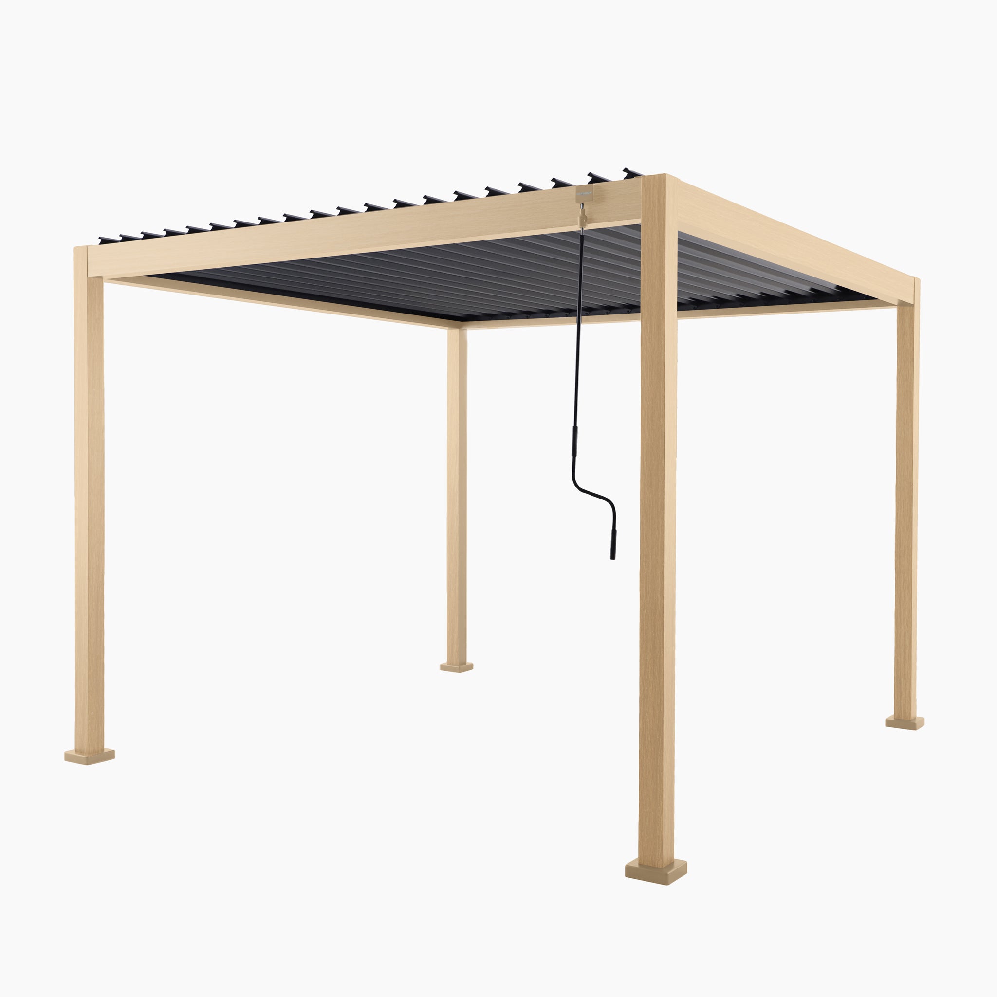 The PergoSTET 3m x 3m Metal Square Pergola with Wood Effect showcases a wooden slatted roof with tilting louvres and a sleek hanging crank mechanism, beautifully presented against a plain white background.