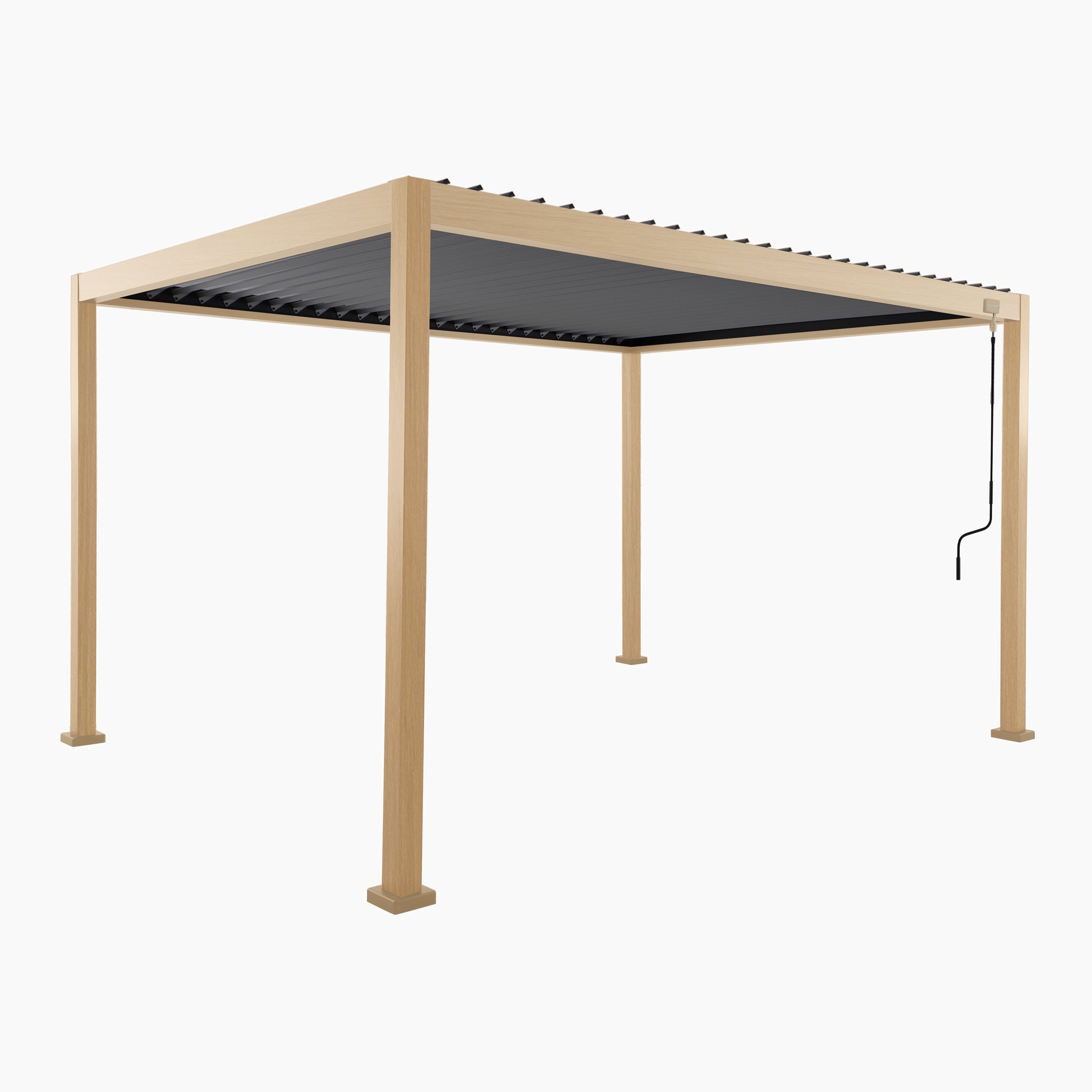 PergoSTET 3m x 4m metal rectangular pergola with a wood effect design, equipped with tilting louvres and a hanging crank handle, set against a white background.