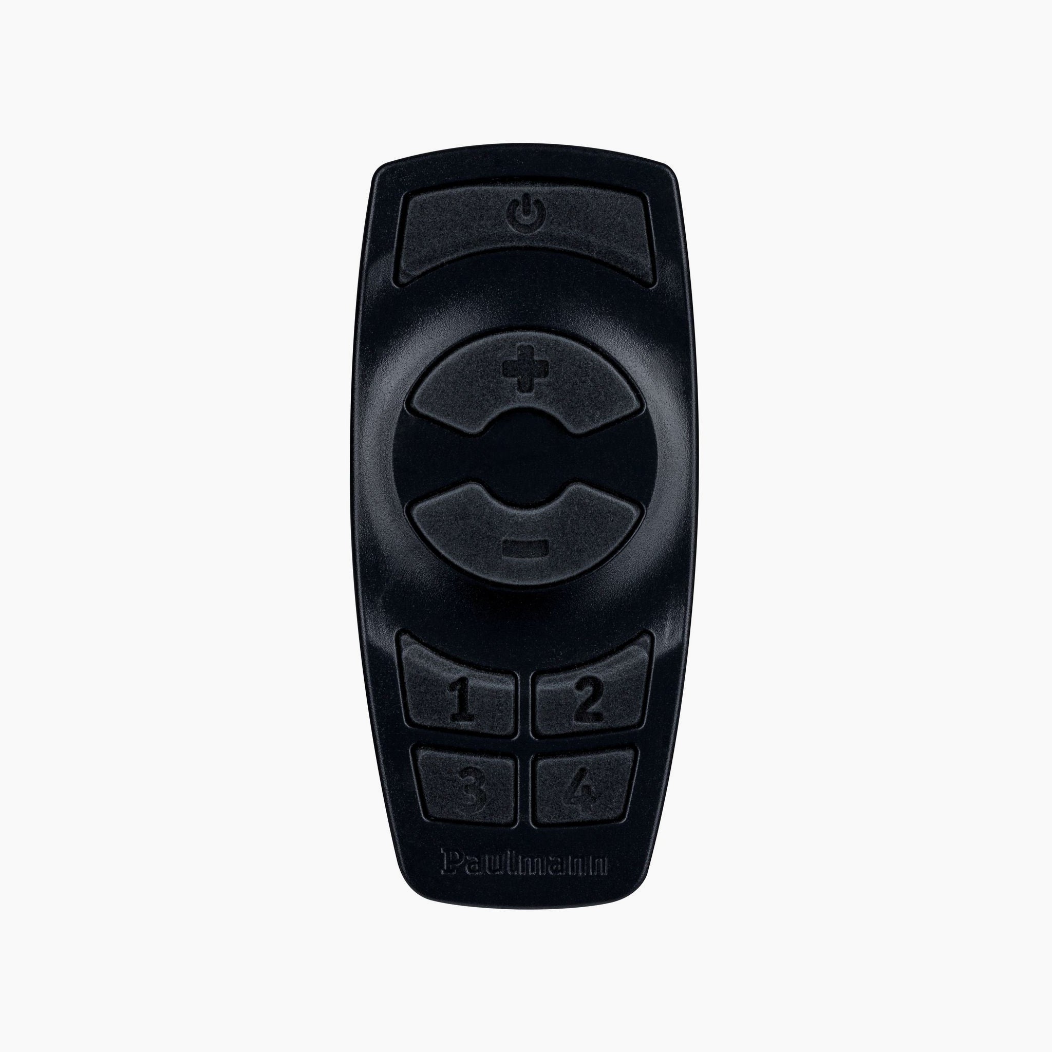 The Paulmann - Plug & Shine Outdoor Wireless Controller with Remote in black features circular buttons for power, volume, and channels labeled 1 to 4. It pairs effortlessly to manage outdoor lighting, allowing you to create the ideal ambiance with just a click.