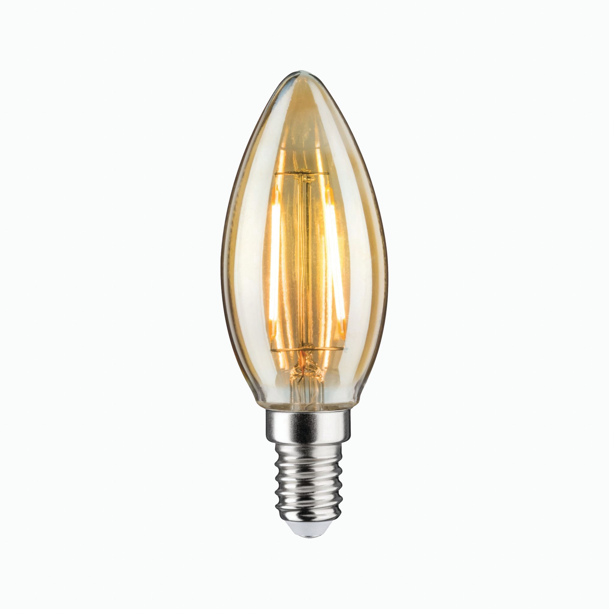 The Paulmann Filament LED Candle Bulb 2W E14 combines the allure of a vintage, candle-shaped design with a visible filament set against a white backdrop, all while incorporating energy-efficient LED technology.