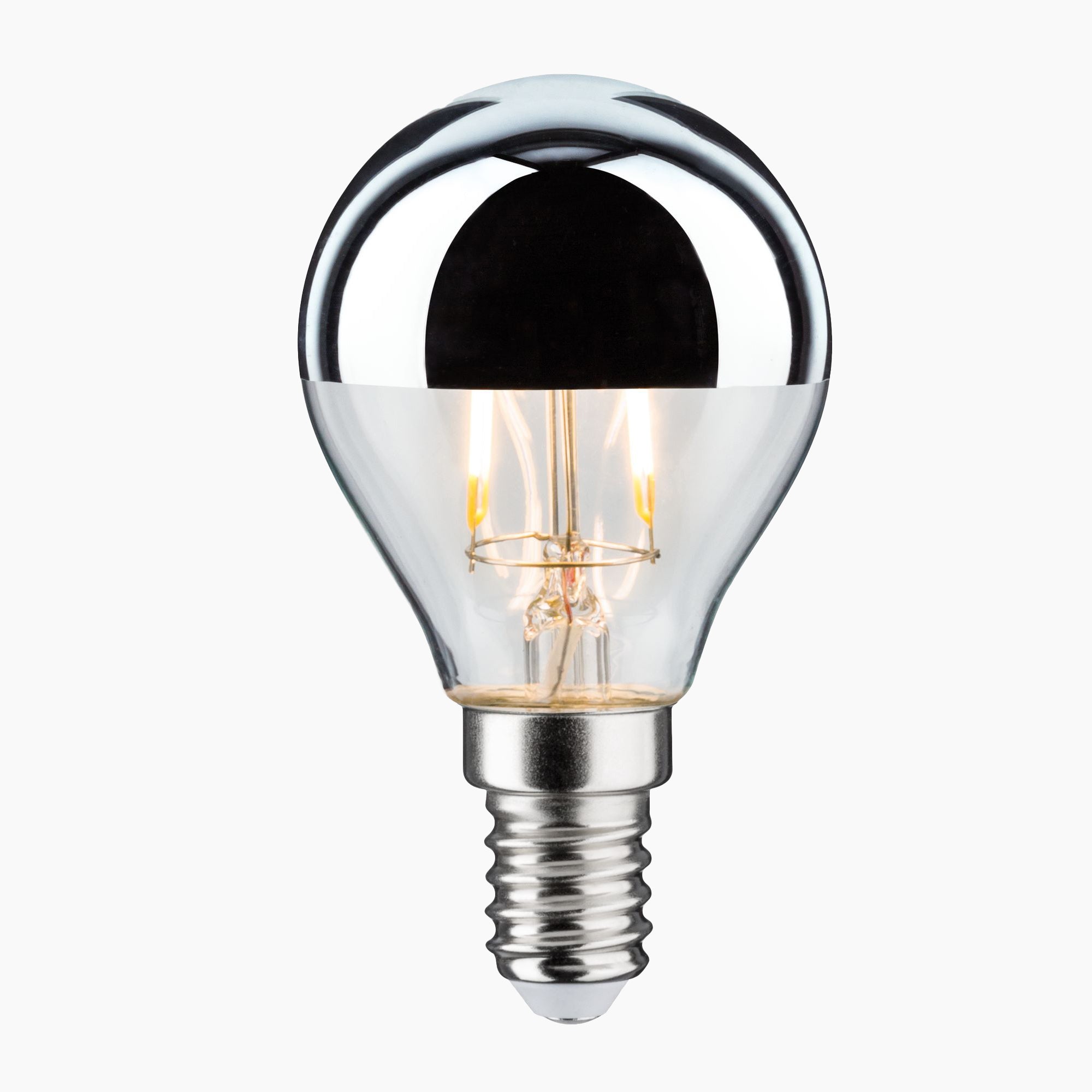 The Paulmann Standard LED Drop Crown Mirror Bulb 2.6W E14 Silver offers a clear light bulb with a silver screw base and a visible filament that softly glows in warm white light against a pristine white background.