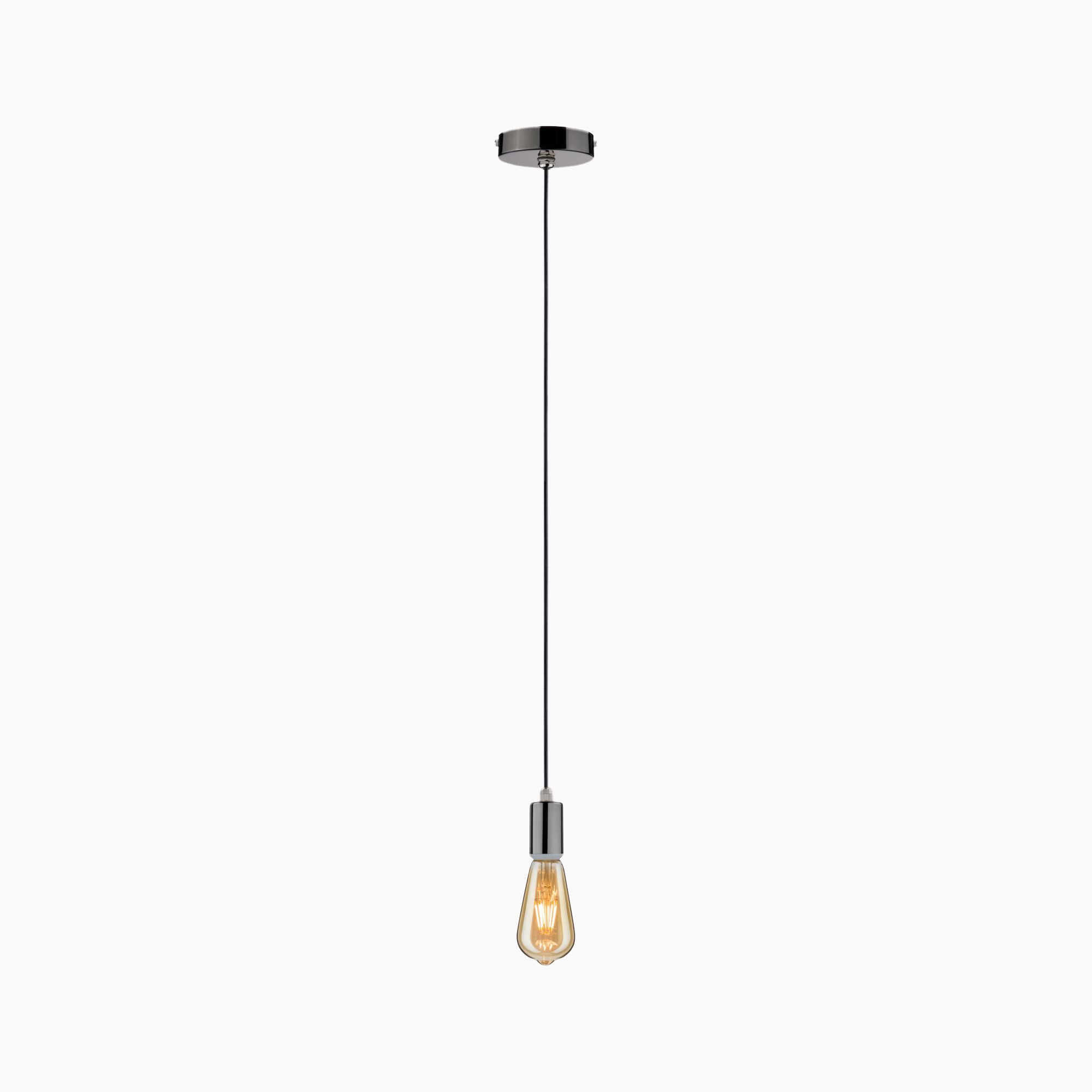 A retro style pendant luminaire hangs from the ceiling, featuring an E27 socket with a Paulmann Standard LED Corn Bulb 6.5W in Gold Light, connected by a black cord and sleek metallic fixture.