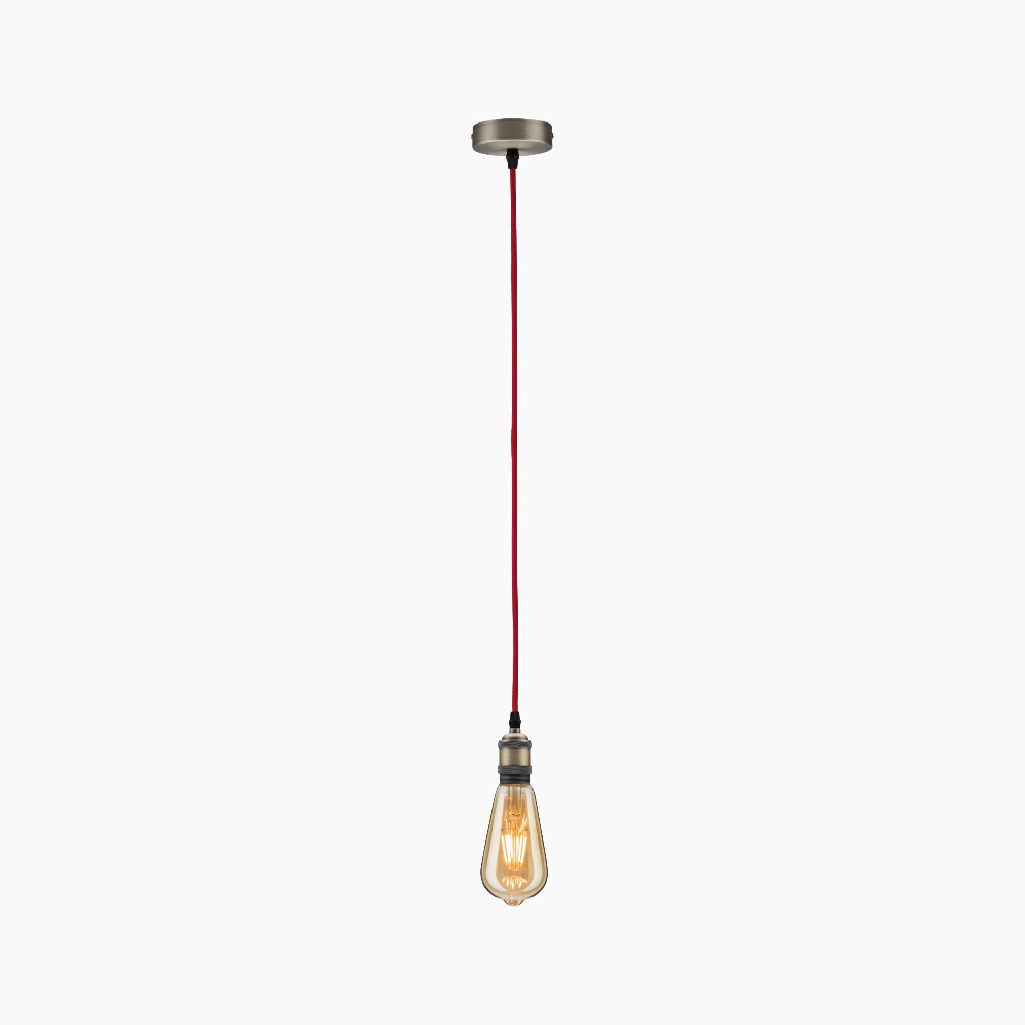 Introducing the Paulmann - Standard LED Corn Bulb 6.5W E27 Gold Light, elegantly suspended as a single hanging pendant with a red cord and an exposed vintage-style bulb, all beautifully displayed against a white background.