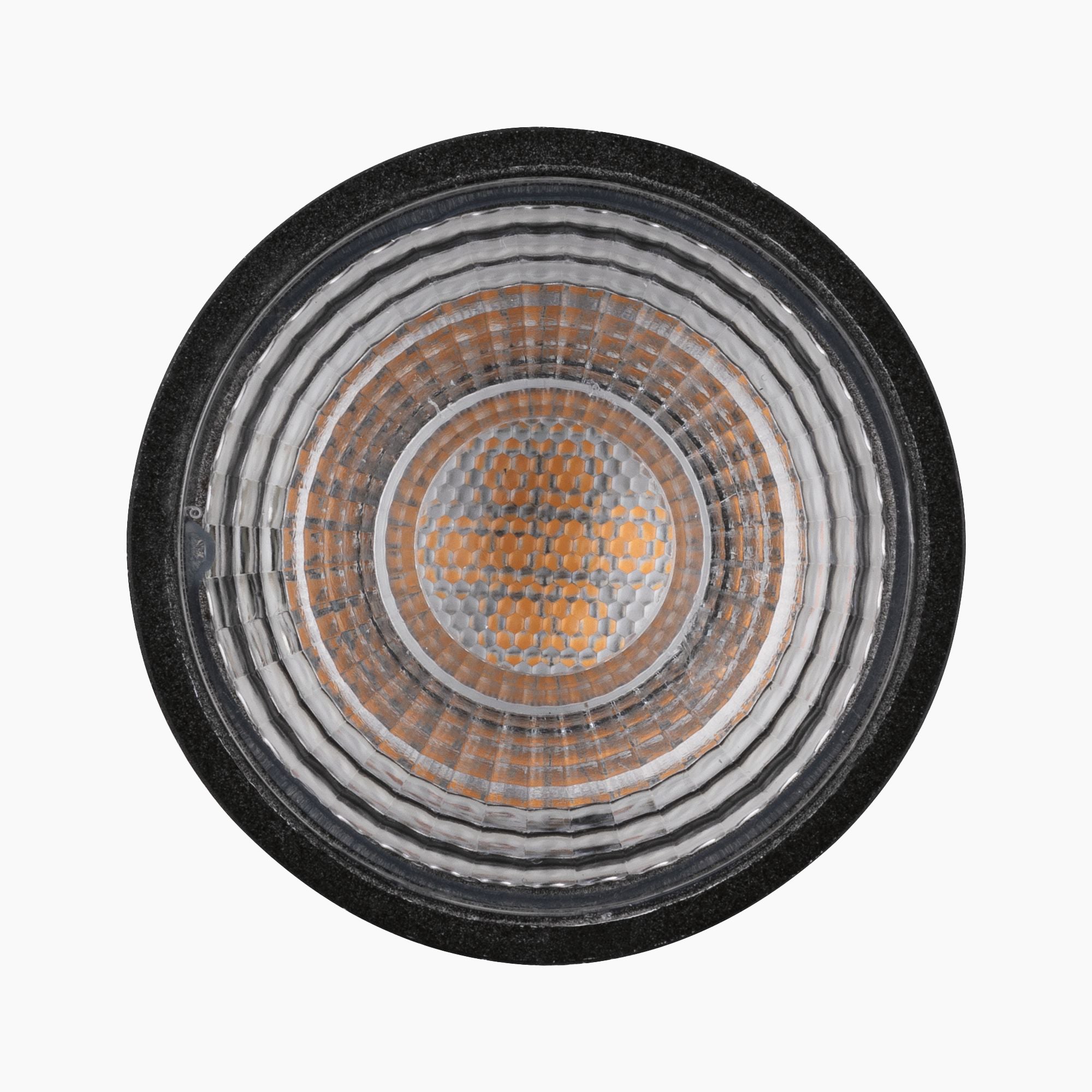 Close-up of the Paulmann Standard Reflector Bulb 7W GU10 Warm White, showcasing its round design with concentric circular patterns and warm, orange-toned inner rings. Ideally crafted to be eye-friendly for any modern URail system setup.