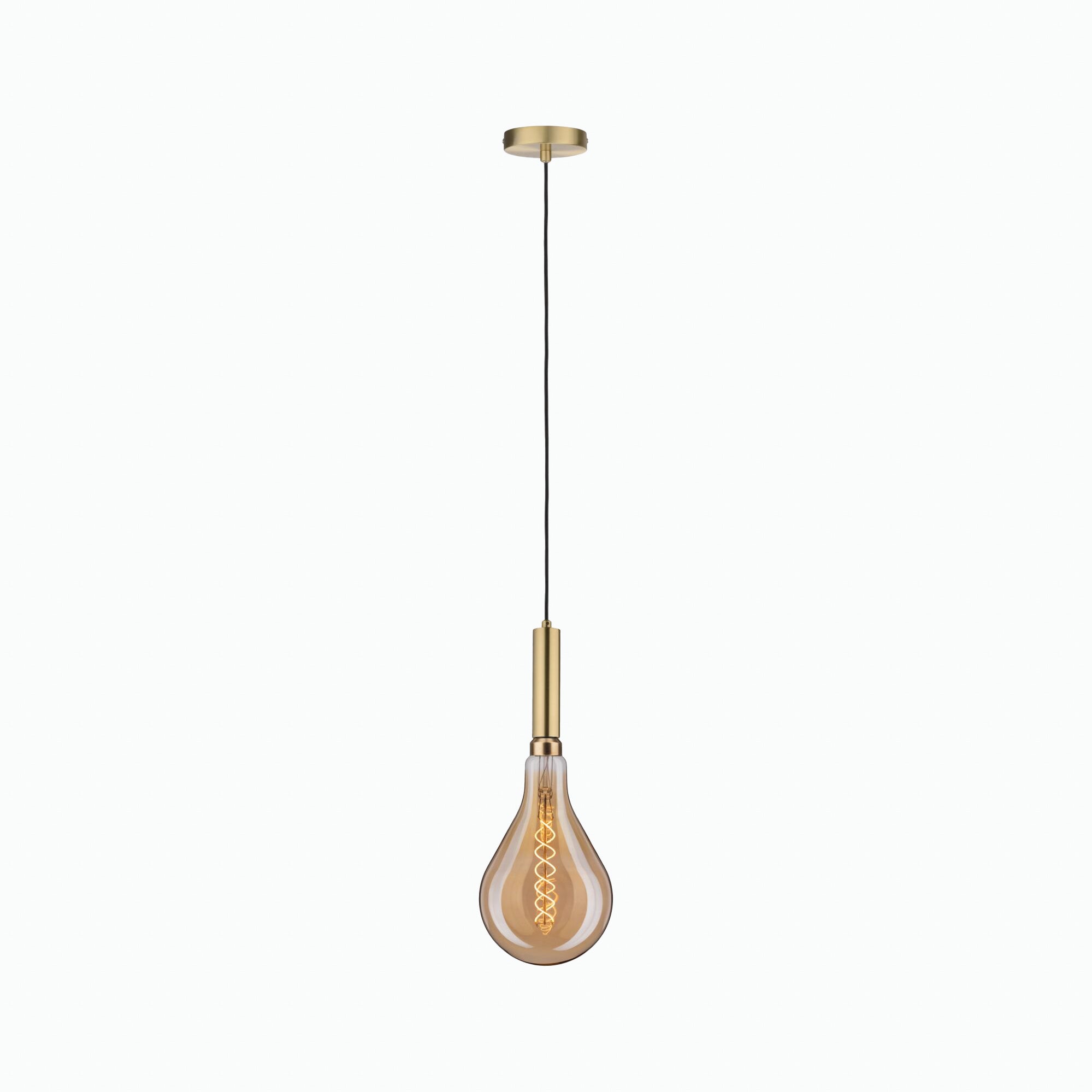 The Paulmann - Filament LED Big Drop Bulb 7W E27 Gold Light, paired with a modern pendant fixture in brass, offers an ideal blend for vintage-inspired interiors. It showcases classic elegance while utilizing energy-efficient LED technology for contemporary performance.