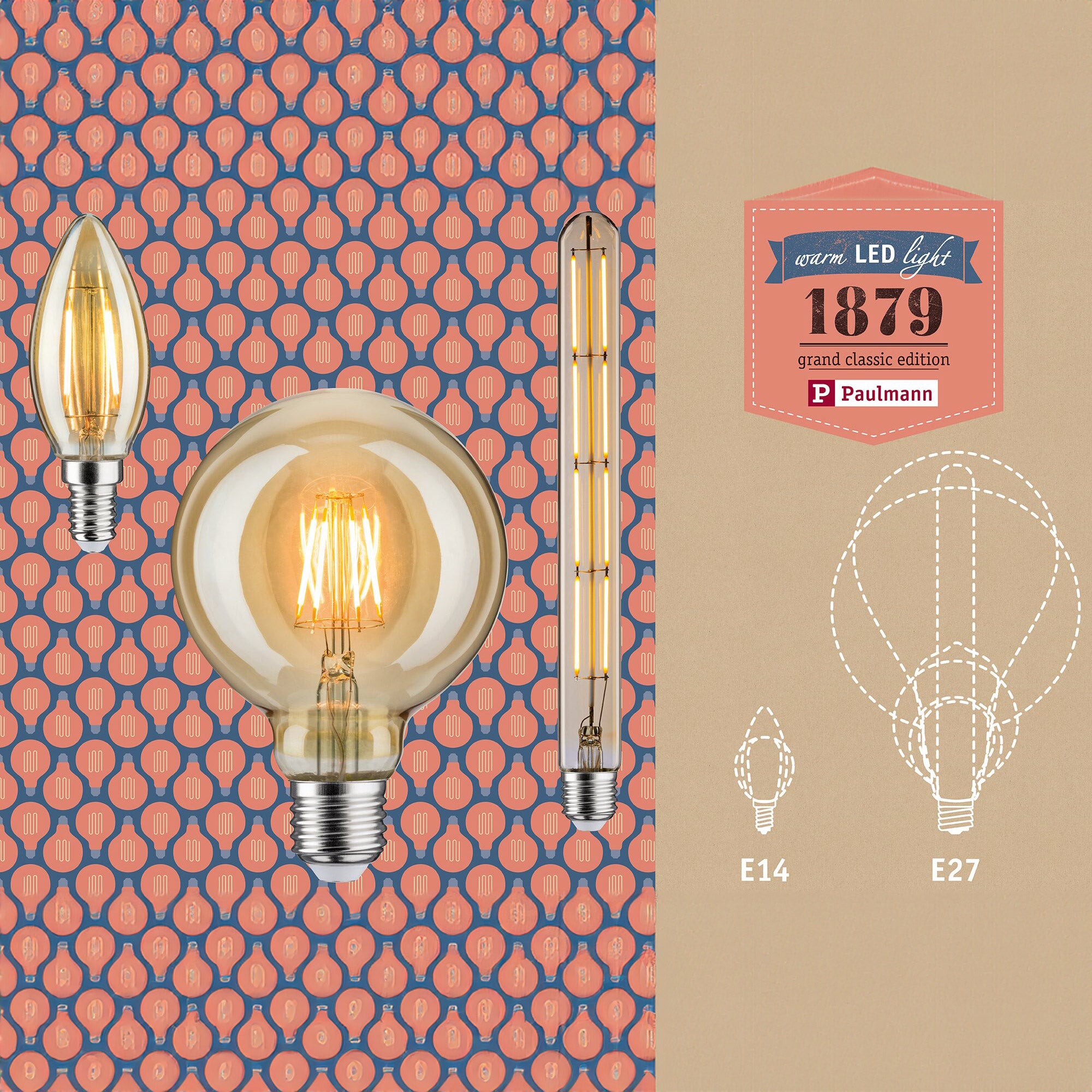 A trio of Paulmann - Filament LED Big Drop Bulbs, each showcasing the charm of the "1879 grand classic edition" with their gold accents, set against a patterned backdrop. These 7W E27 bulbs are ideal for those who appreciate energy-efficient LED technology while seeking to elevate their vintage-style interiors.