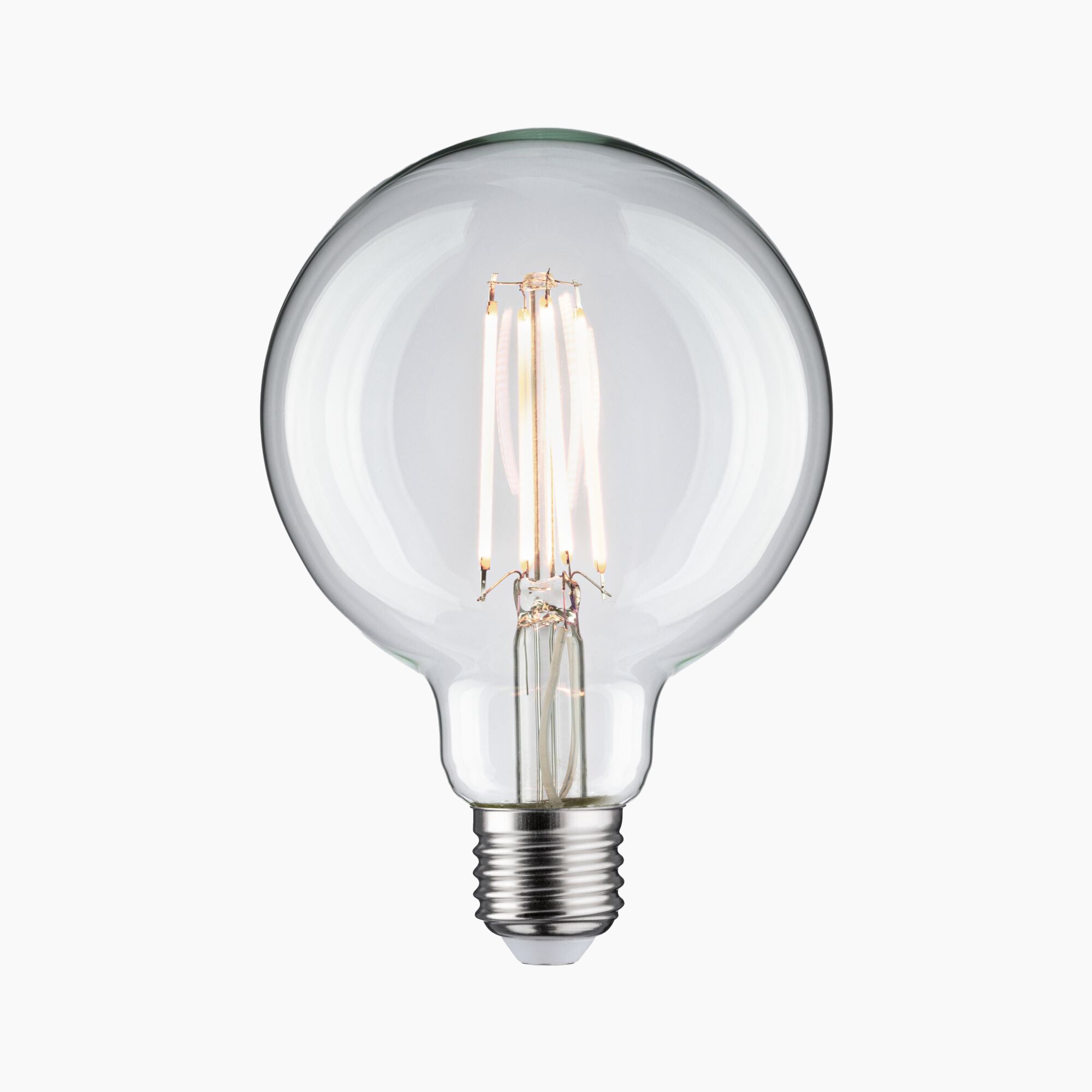 The Paulmann Filament LED Globe Bulb 7.5W E27 in Neutral White rests on a plain white background, showcasing its visible filaments that offer both aesthetic appeal and functionality.