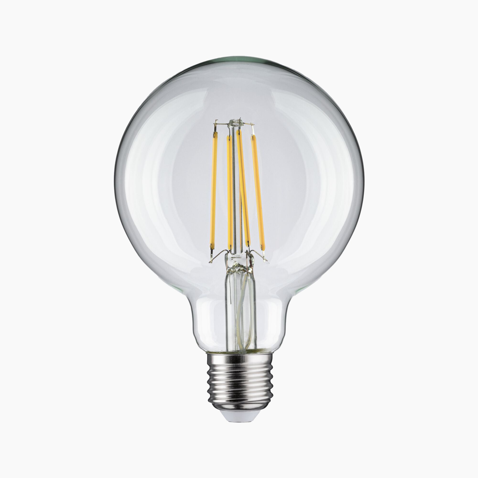 The Paulmann Filament LED Globe Bulb 7.5W E27 Neutral White, featuring visible filaments and a metallic E27 base, is showcased against a white background.