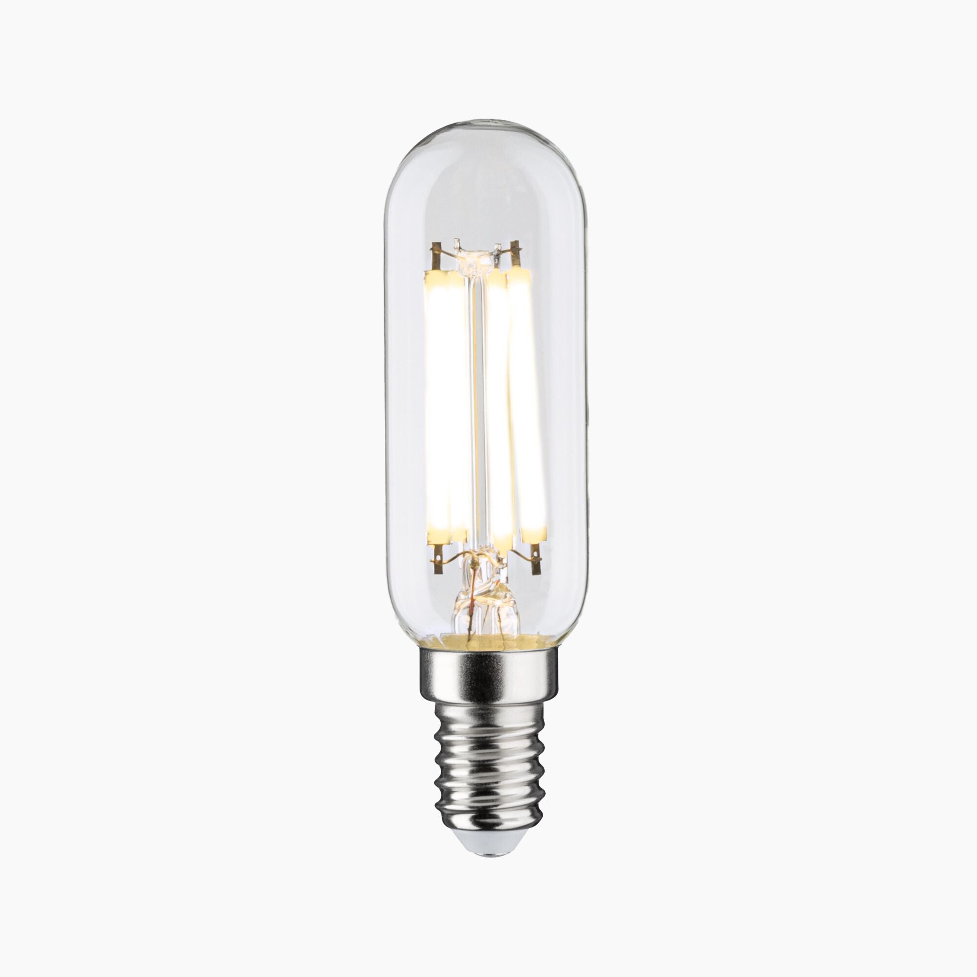 Eye-friendly Paulmann Filament LED Tube Bulb with a silver E14 base on a white background, featuring a gentle dimming function for customizable ambiance.