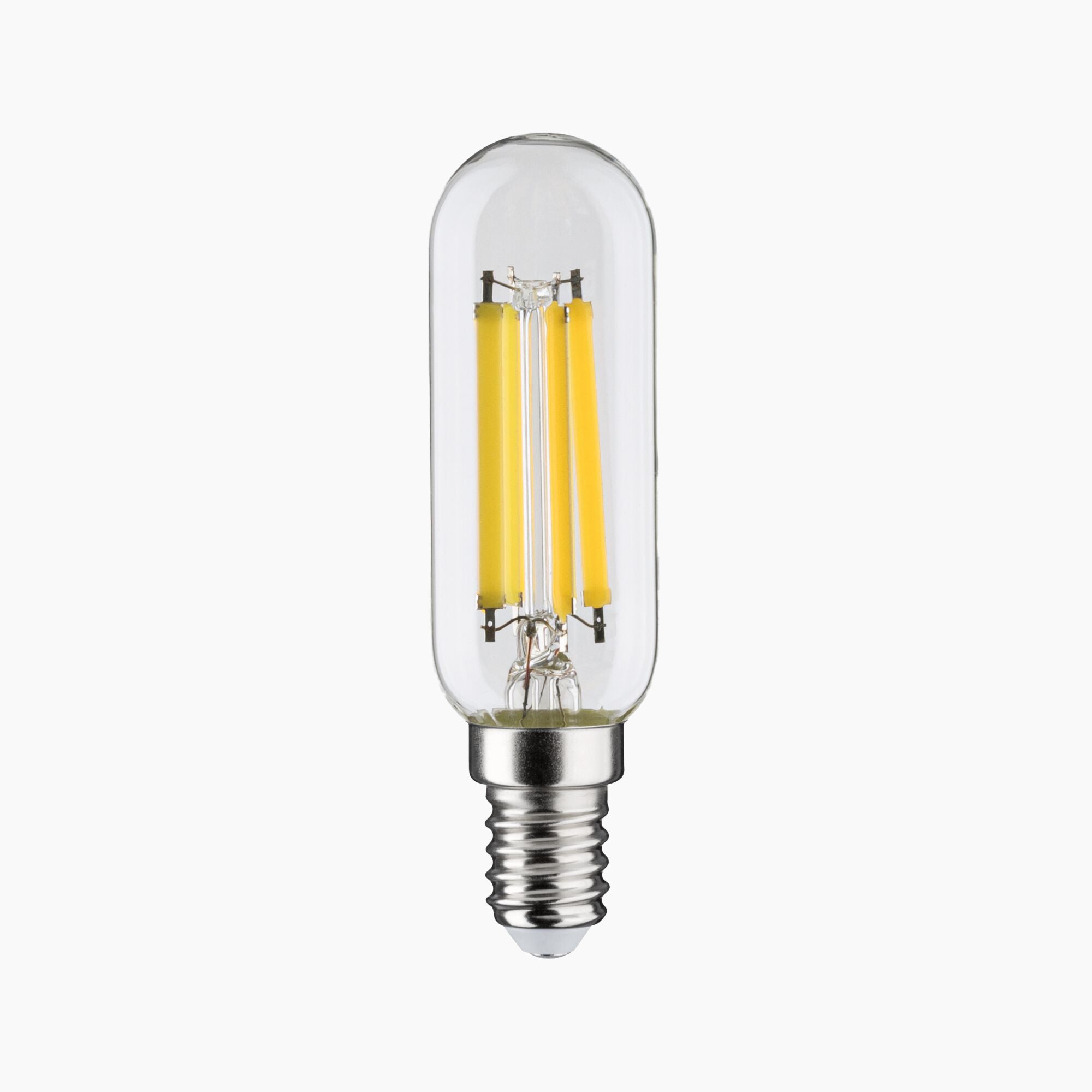 The Paulmann - Filament LED Tube Bulb 5.9W E14 Neutral White, a transparent bulb with a metal screw base and an eye-friendly dimming feature, is set against a white background.