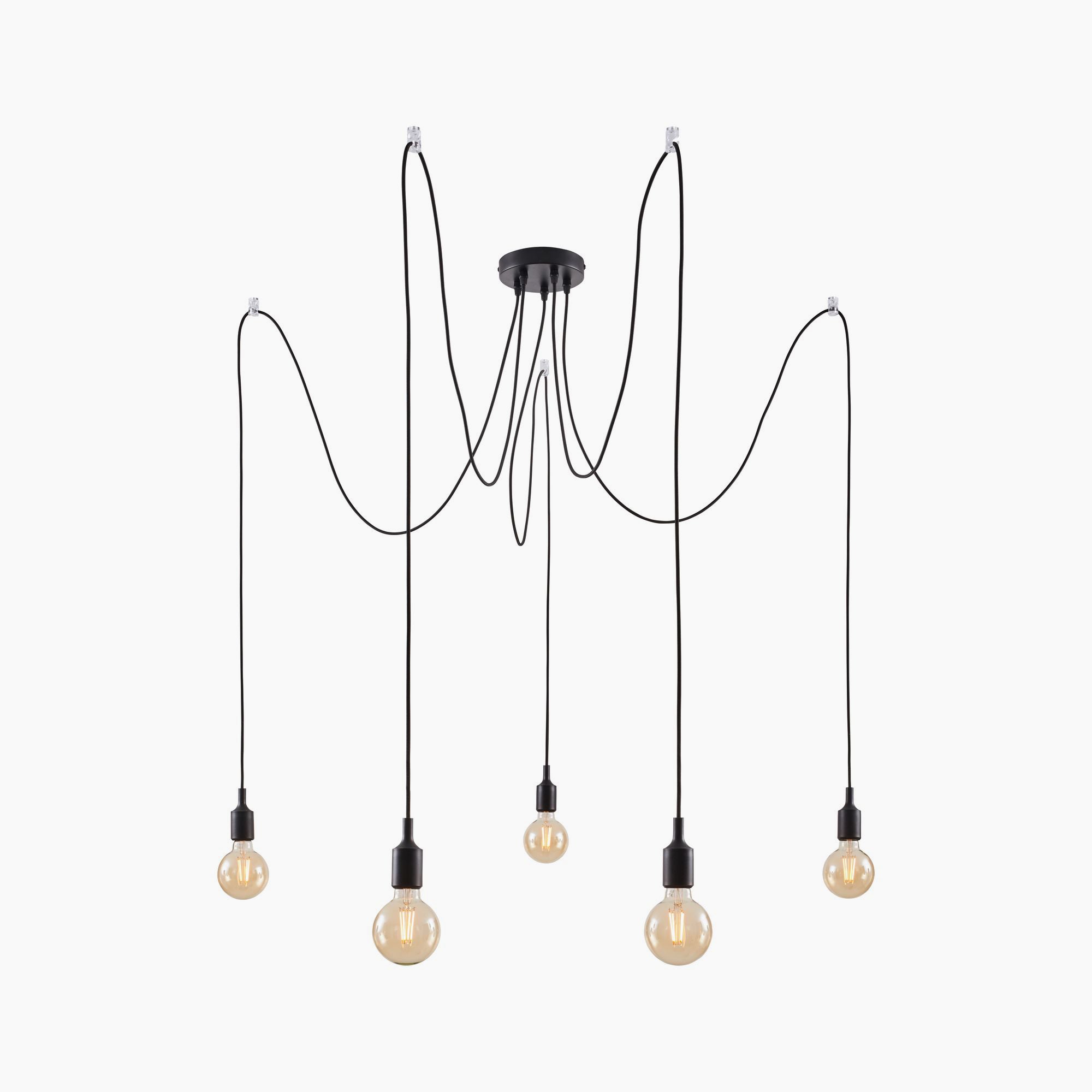 The Paulmann Neordic Ketil 300W 5 Lamp Dimmable Pendant Light in Black is a contemporary decorative centerpiece, featuring five hanging bulbs with elegant black cords that form an intriguing spider-like design in your ceiling lighting.