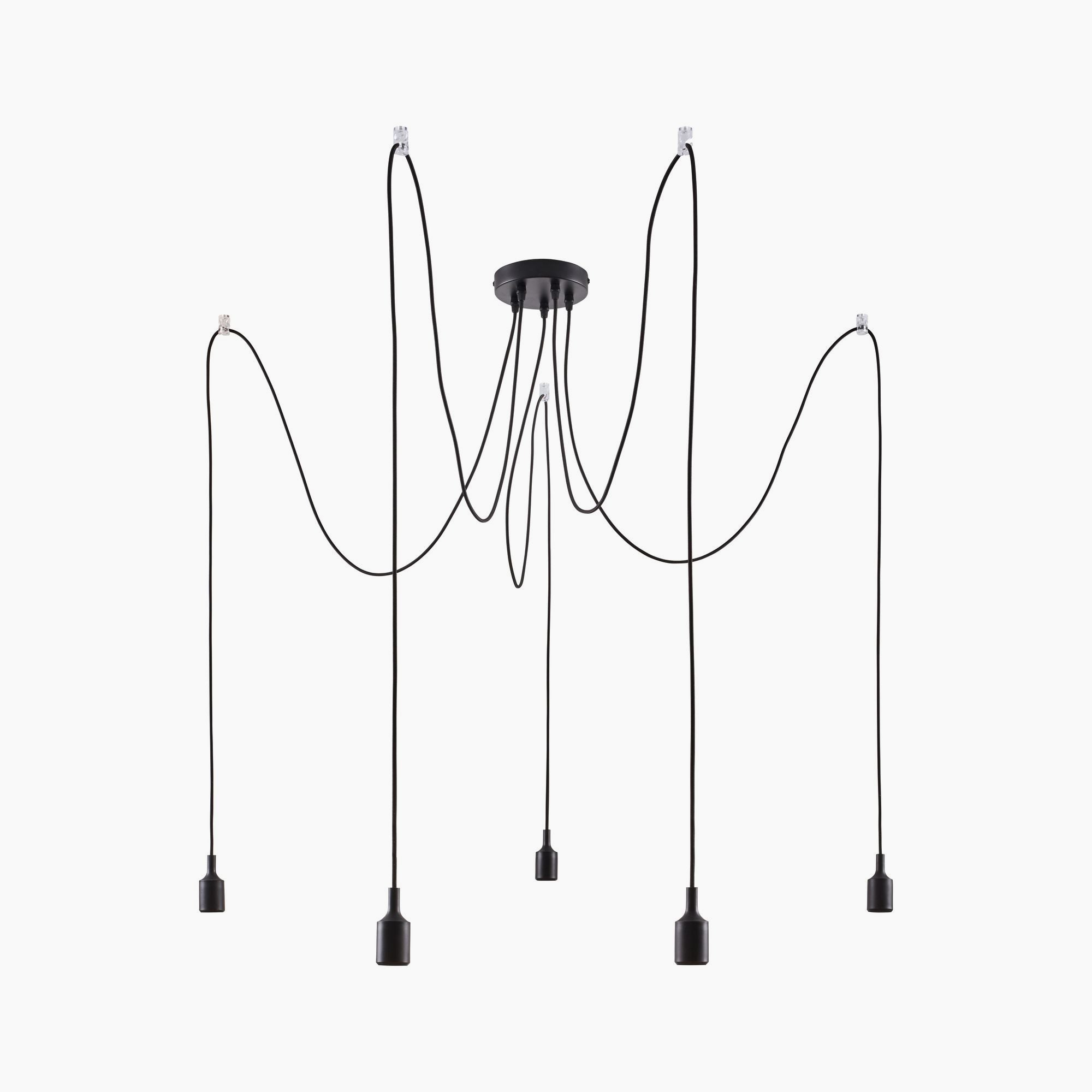 The Paulmann - Neordic Ketil 300W 5 Lamp Dimmable Pendant Light in Black is an exquisite decorative eye-catcher with multiple adjustable cords and bulb sockets cascading elegantly. This ceiling lighting piece not only brightens your space but also adds a touch of contemporary charm.