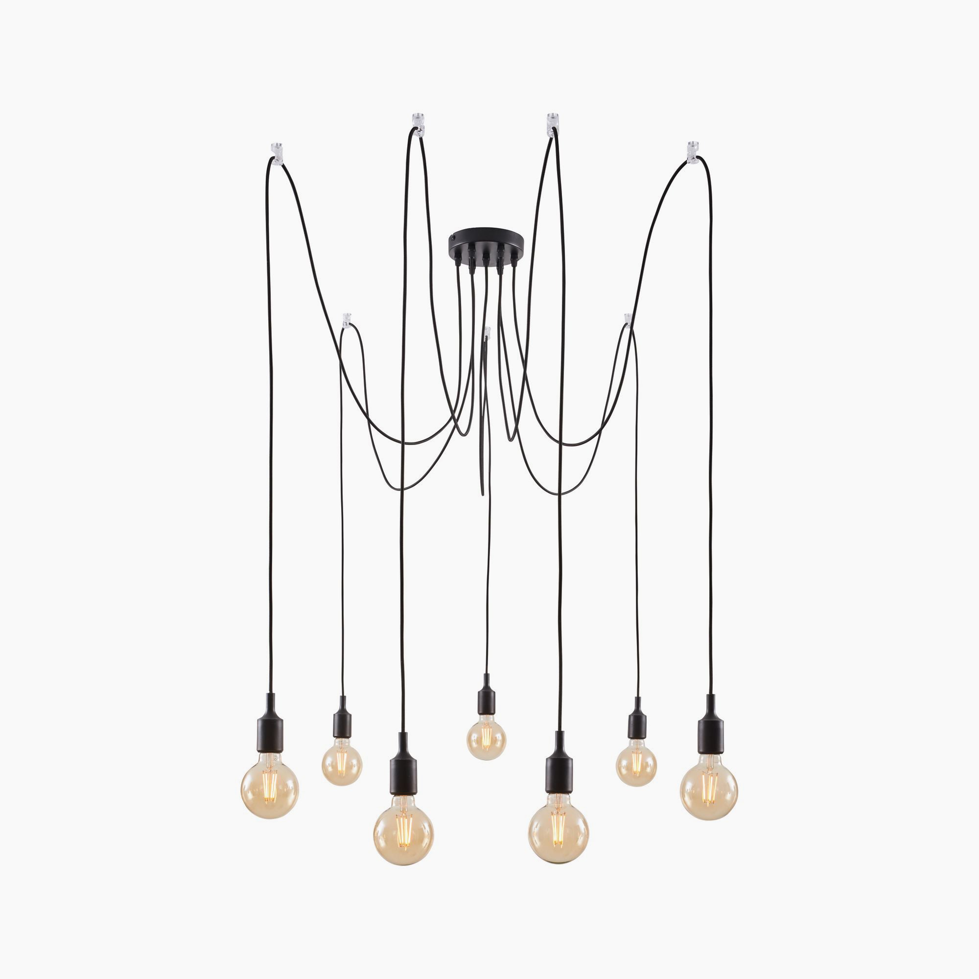 The Paulmann - Neordic Ketil 420W 7 Lamp Dimmable Pendant Light in Black features multiple exposed bulbs hanging from long black cords, representing a modern design in decorative lighting.