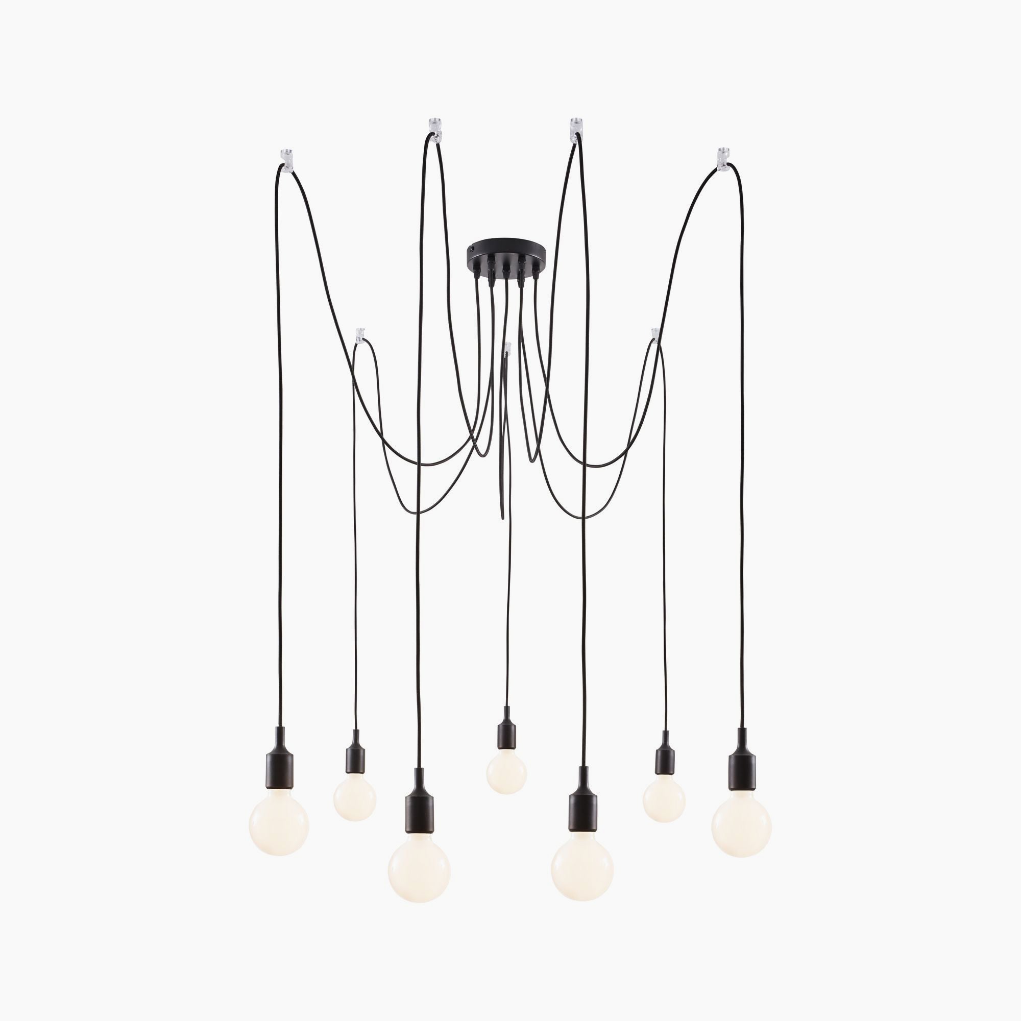 The Paulmann Neordic Ketil 420W, a dimmable pendant light in black, features a modern design with multiple exposed bulbs hanging artistically from cords of varying lengths, exemplifying decorative lighting.