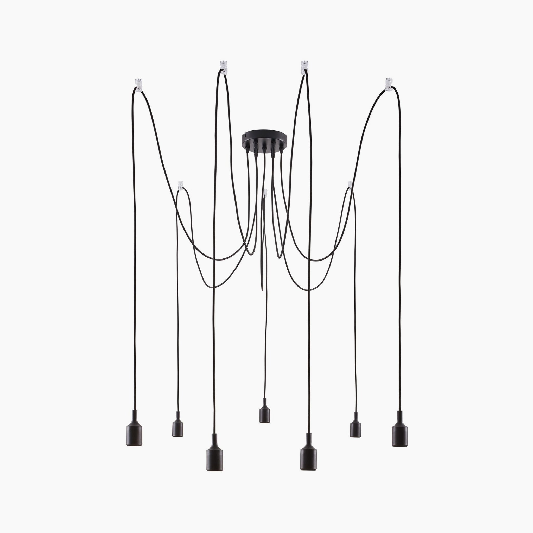 The Paulmann - Neordic Ketil 420W 7 Lamp Dimmable Pendant Light in Black, also referred to as a pendant spider lamp, showcases long, flexible cords and exposed bulbs, making it a stunning decorative lighting centerpiece.