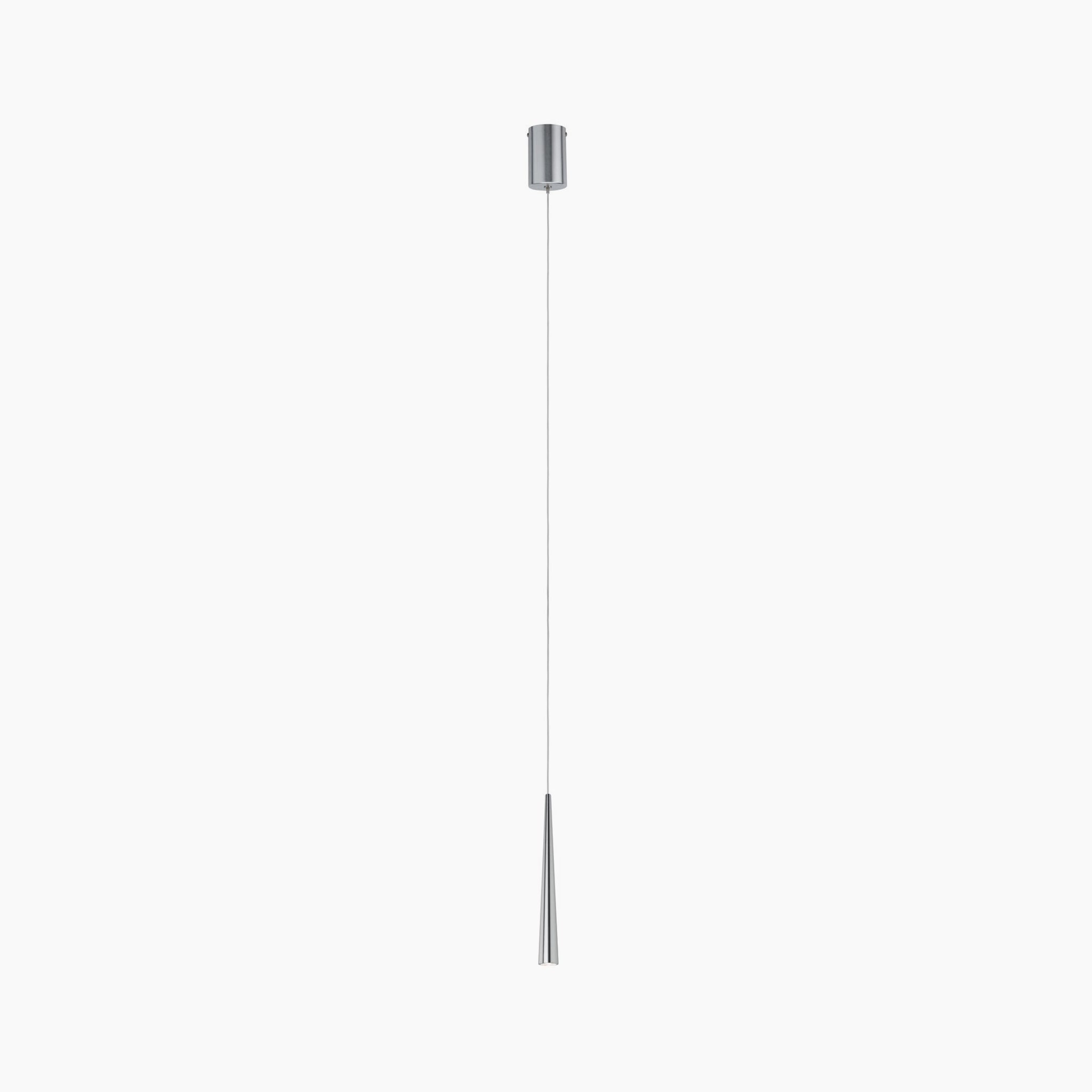 The Gutta 8.5W LED Dimmable 1 Lamp Pendant Light in Brushed Aluminium showcases a minimalist, modern design with a sleek cylindrical base and conical shade. Its adjustable fabric cable adds versatility, while the focused lighting effect enhances any space.