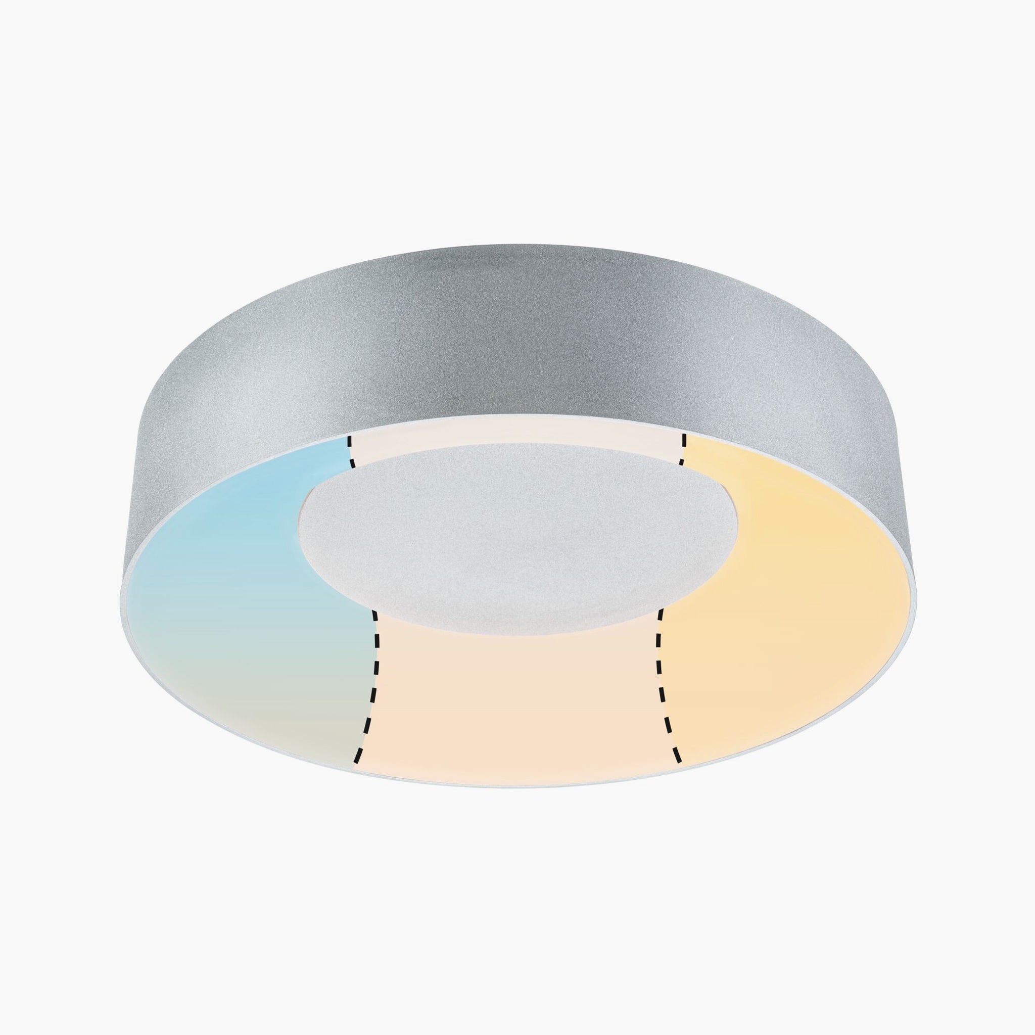 Introducing the Casca 18W LED Switch 1500lm Ceiling Light in Matt Aluminium, featuring a modern design with segmented LED panels in blue, white, and warm yellow. The panels, separated by dashed dividing lines, create a unique lighting effect. Easily adjust the light color to match your mood and enjoy this stylish ceiling luminaire.