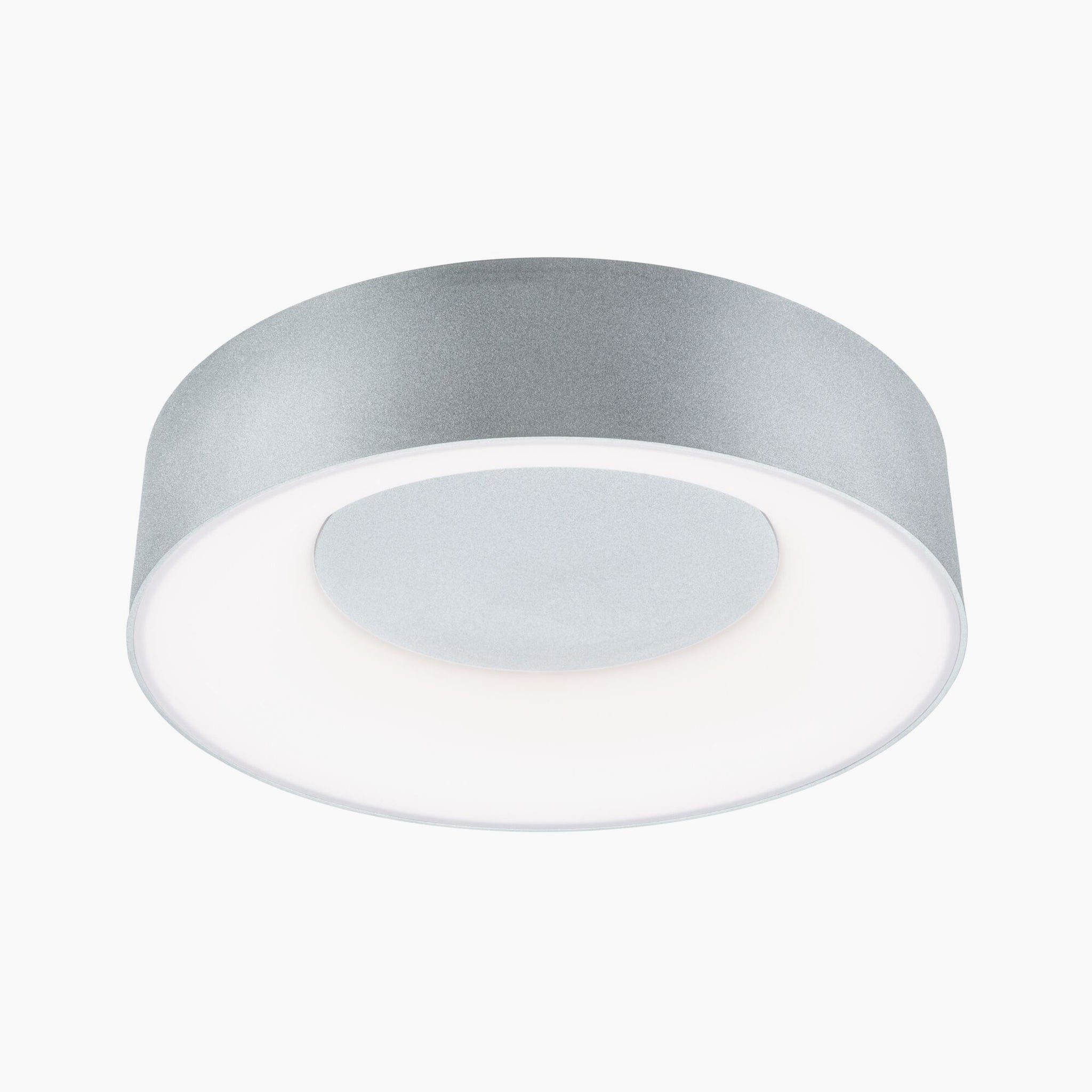 Introducing the Casca 18W LED Switch 1500lm Ceiling Light in Matt Aluminium, a modern luminaire with a minimalist design. It features a sleek matt aluminium border and a central white diffuser. Customize the light colour to achieve the perfect ambiance for any setting.