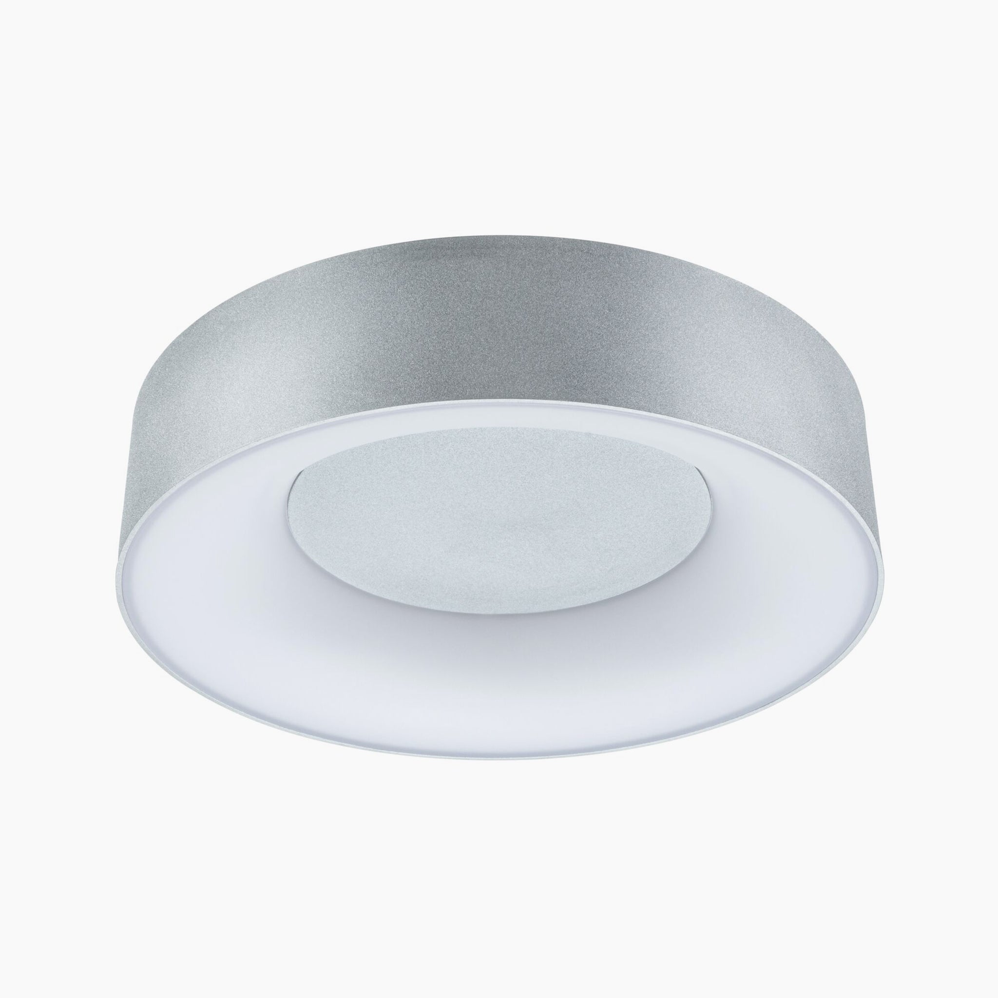 Introducing the Casca 18W LED Switch Ceiling Light in Matt Aluminium, featuring a sleek gray design, a circular shape, and a flat, diffused white light panel that delivers a special lighting effect with its impressive 1500 lumens.