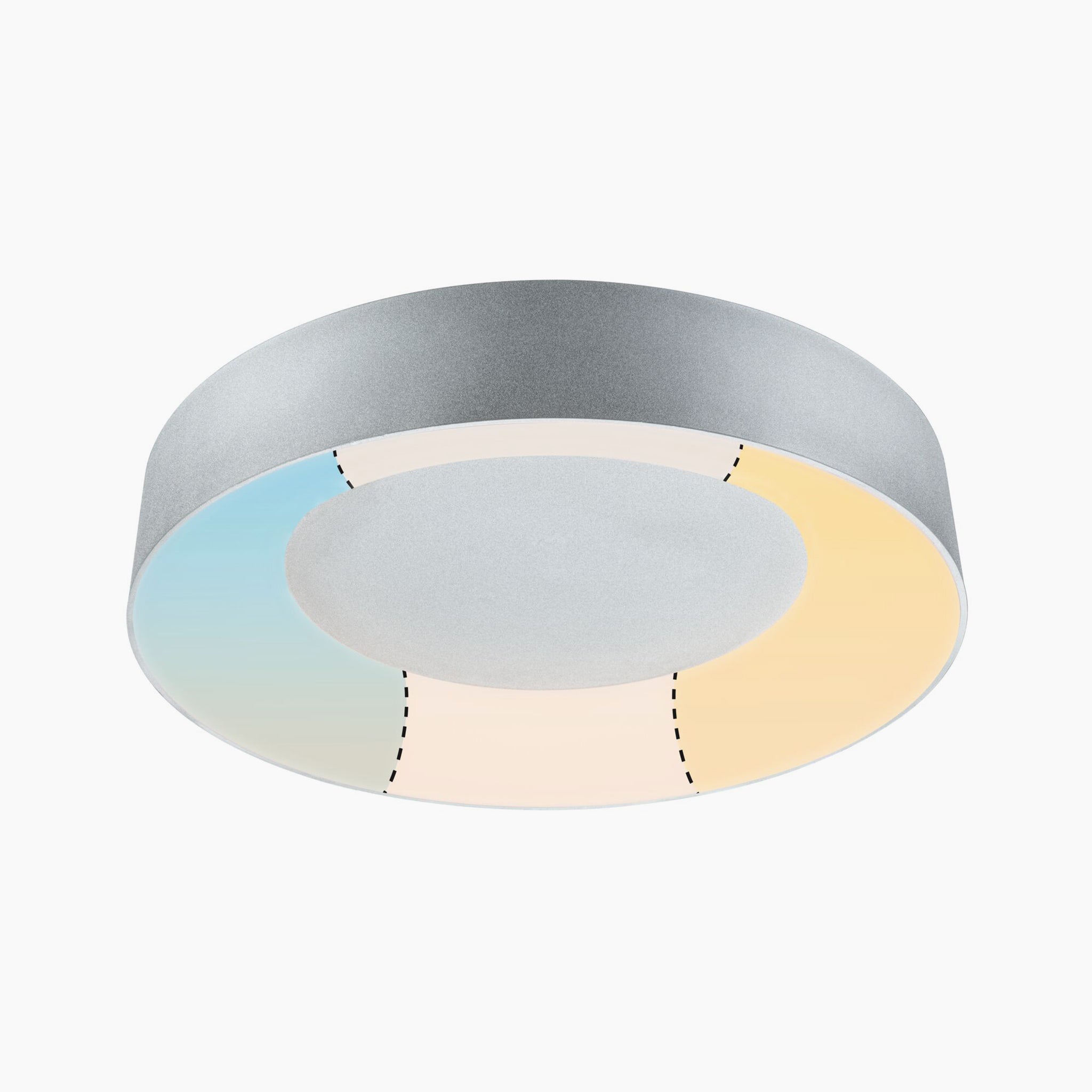 The Casca 25W LED Switch 2100lm Ceiling Light in Matt Aluminium is a round ceiling luminaire featuring segmented, color-changing panels in blue, white, and yellow around a central white section. It creates a special lighting effect and adjusts the light color to suit your mood.