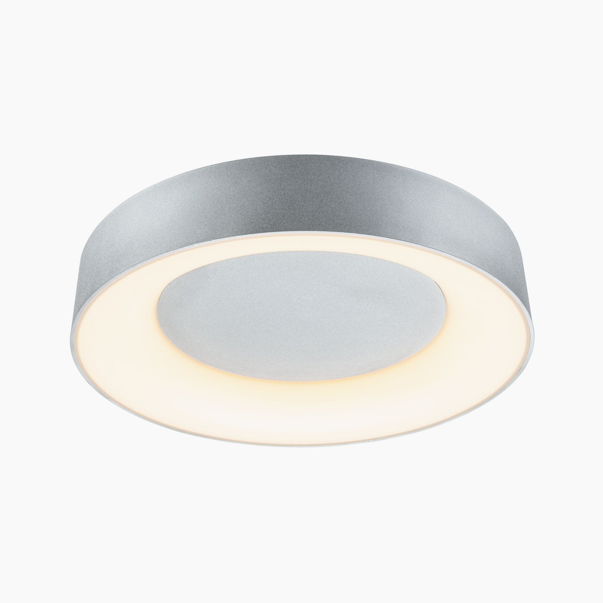 The Casca 25W LED Switch 2100lm Ceiling Light in Matt Aluminium is a modern circular fixture that emits soft white light and offers the added feature of adjusting the light color for special lighting effects.