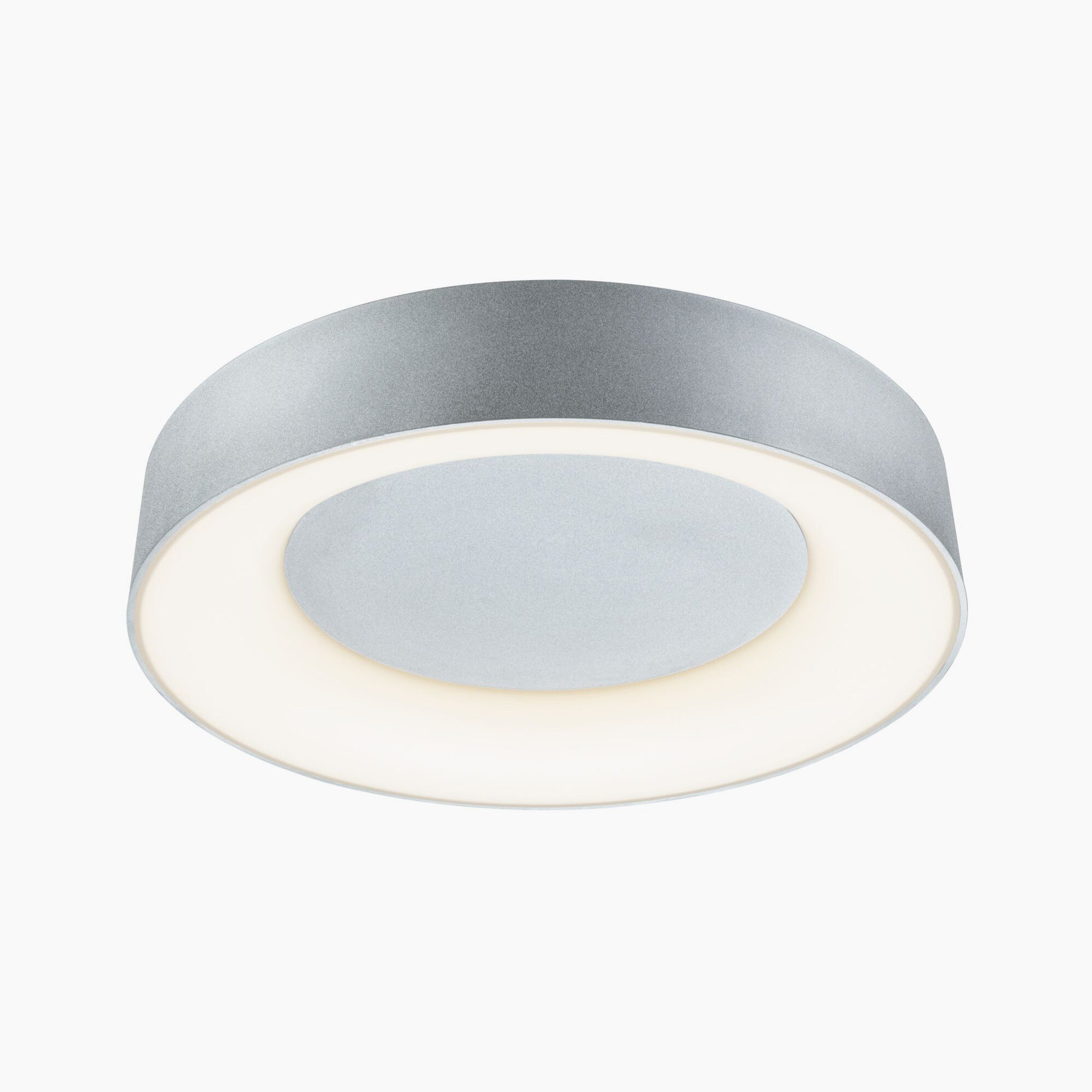 The Casca 25W LED Switch 2100lm Ceiling Light in Matt Aluminium is a modern, round ceiling light featuring a flat design and integrated LED illumination that adjusts the light color for a special lighting effect.