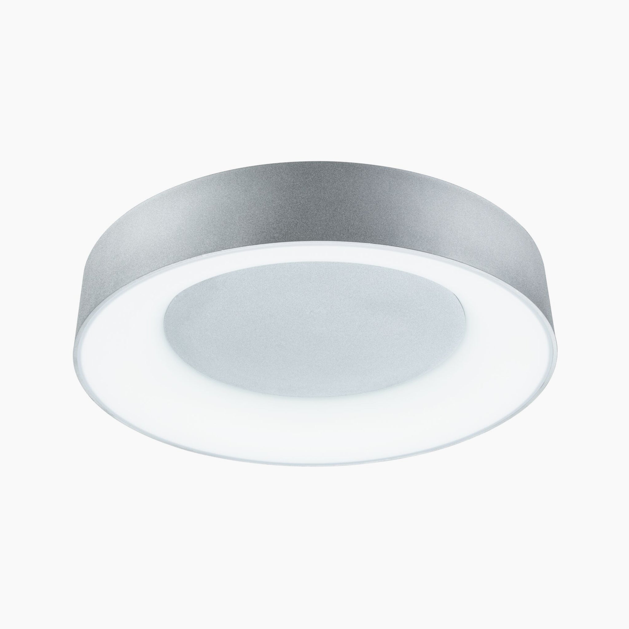 Introducing the Casca 25W LED Switch Ceiling Light: a ceiling-mounted circular LED fixture in matt aluminium with a white diffuser, offering an adjustable light colour for a special lighting effect and delivering 2100 lumens of brightness.