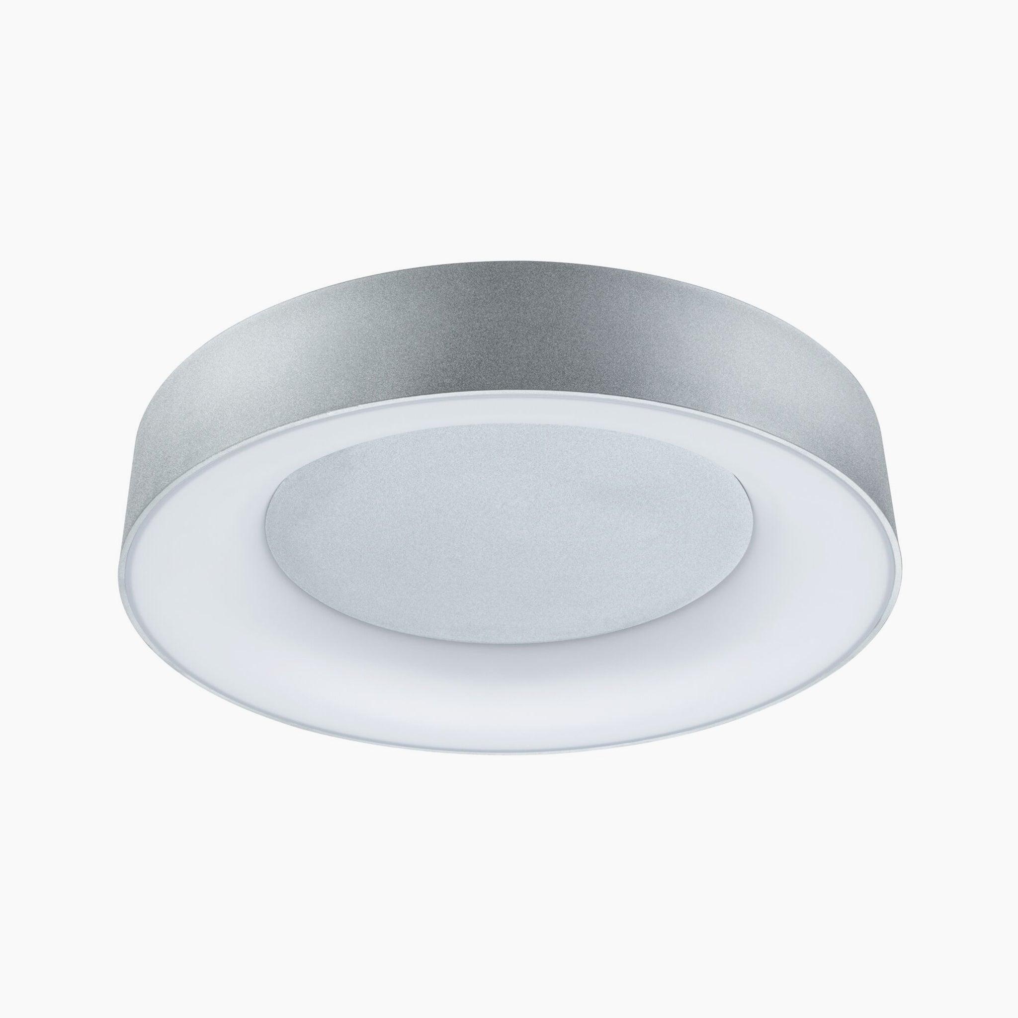 The Casca 25W LED Switch 2100lm Ceiling Light in Matt Aluminium features a modern circular design with a silver frame and frosted white diffuser, offering a special lighting effect that adjusts the light color to suit any ambiance.