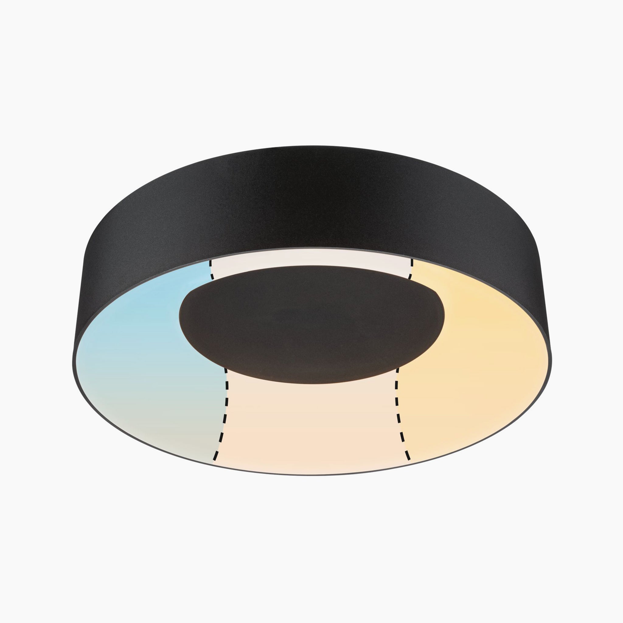 The Casca 18W LED Switch 1500lm Ceiling Light in Black Matt features a modern black circular design with blue and yellow segments separated by dashed lines, creating a unique lighting effect.