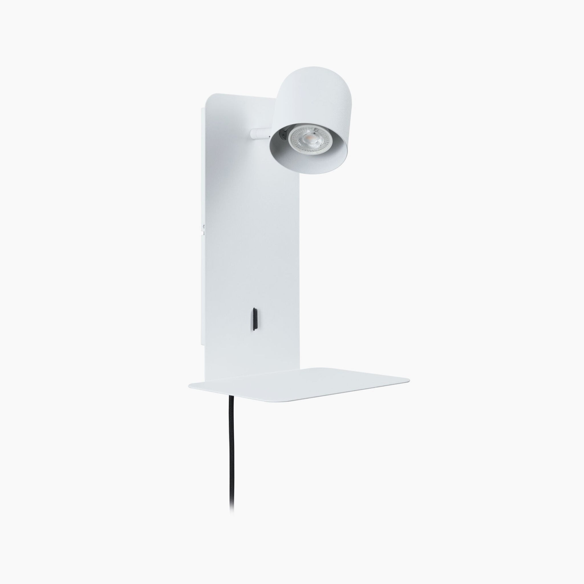 The Paulmann - Malena 5W Wall Light in White Matt is a minimalist wall-mounted luminaire that includes a small shelf, a black cord, and a convenient USB Type-C charging port.