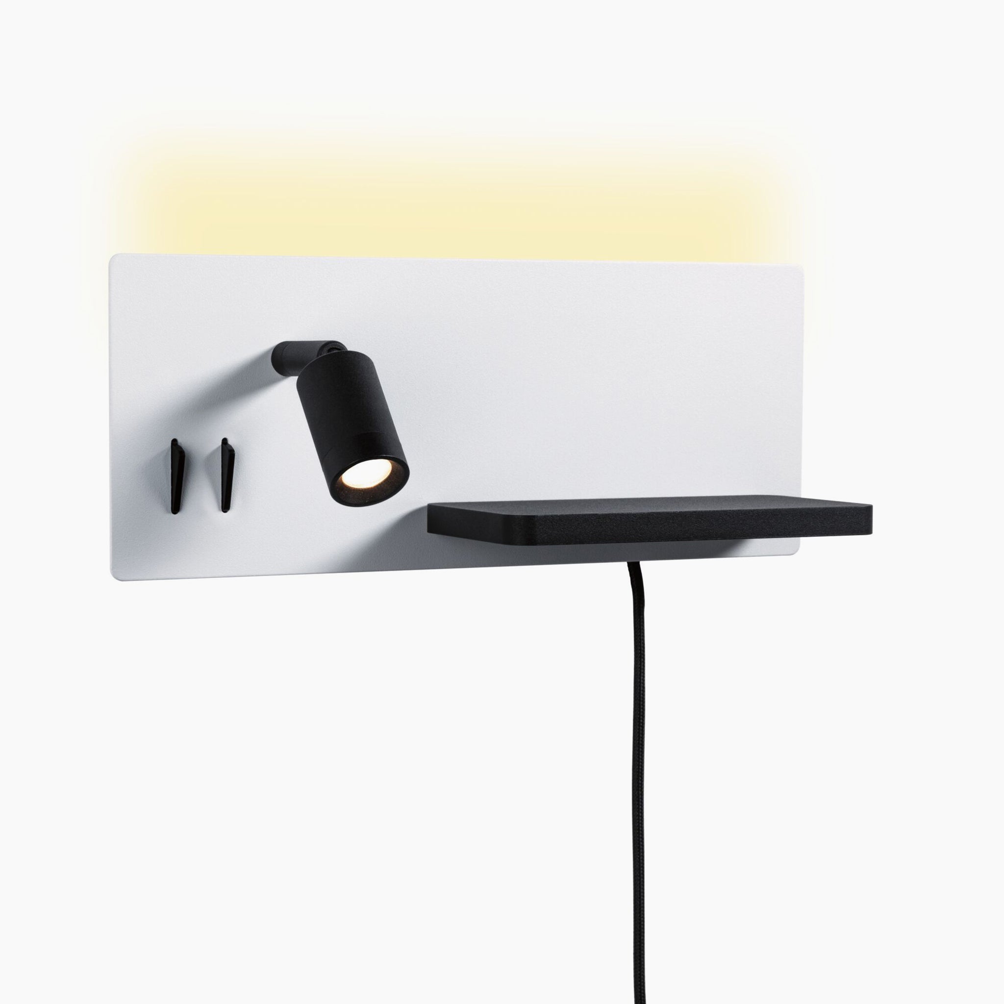 Paulmann Serra 5.5W/2.6W LED Right Hand Wall Light in white and black, featuring a wall-mounted minimalist design with a pivoting spotlight, shelf with hooks, adjustable three-step dimming, and a USB port for flexible lighting options.