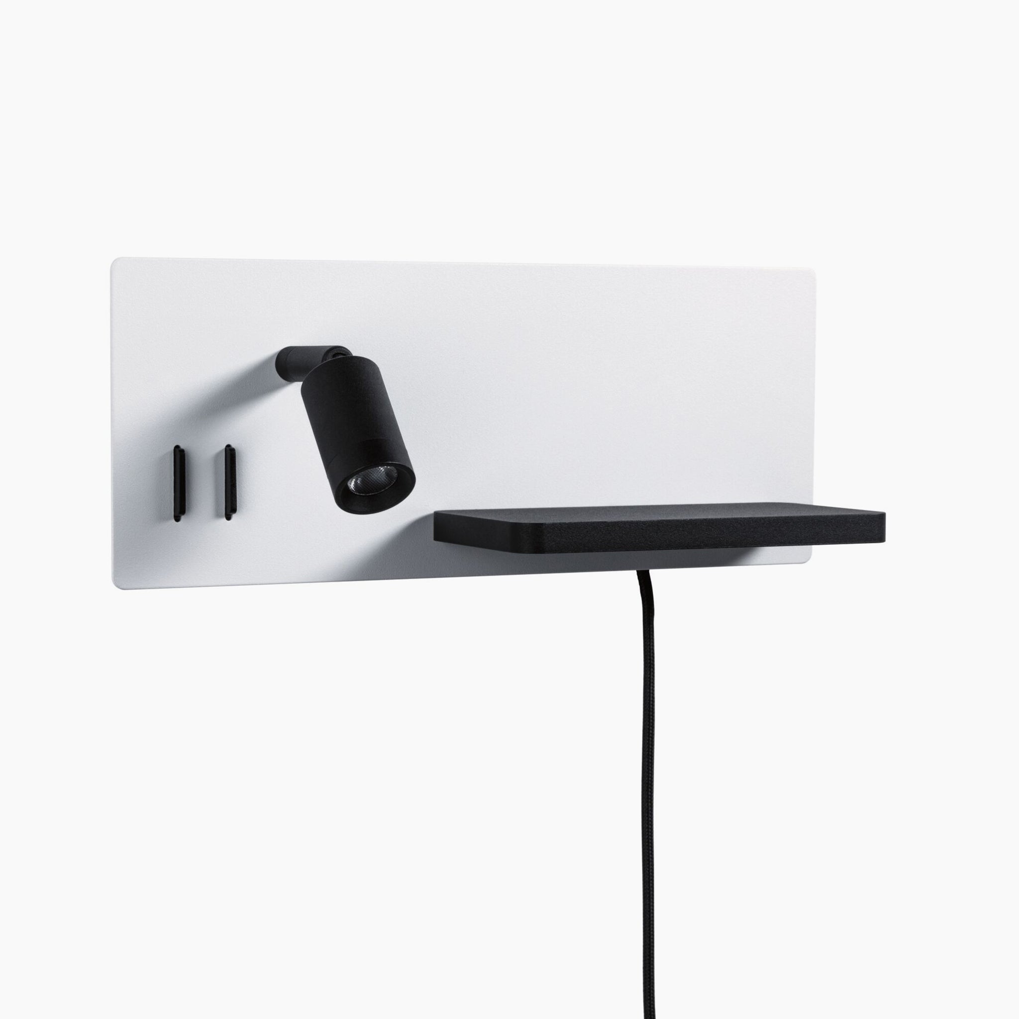 Introducing the Paulmann - Serra 5.5W/2.6W LED Right Hand Wall Light with 3-Step Dim & USB Port in White & Black, a minimalist wall-mounted reading luminaire that features an adjustable black light, a convenient small shelf, and a USB Type-C charging port for added convenience.