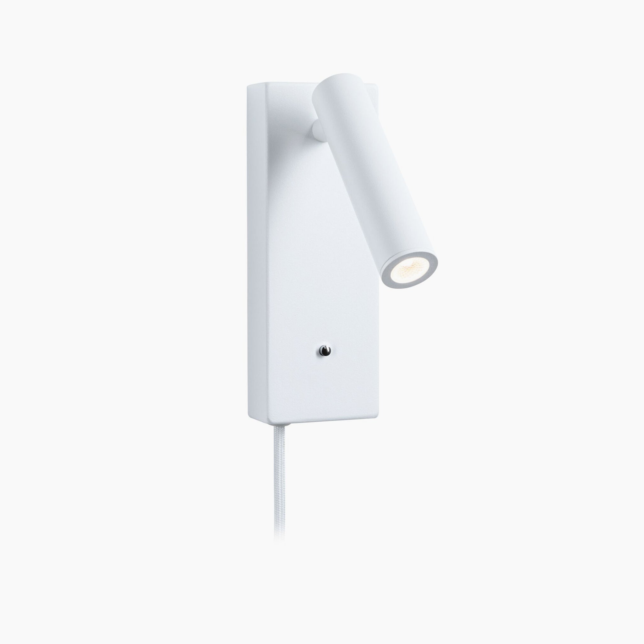 The Paulmann Hulda 14W LED Wall Light in White Matt features a minimalist wall-mounted design with an adjustable cylindrical head, a small power button for easy operation, and a USB Type-C port for convenient connectivity, complemented by a 3-step dimming function.