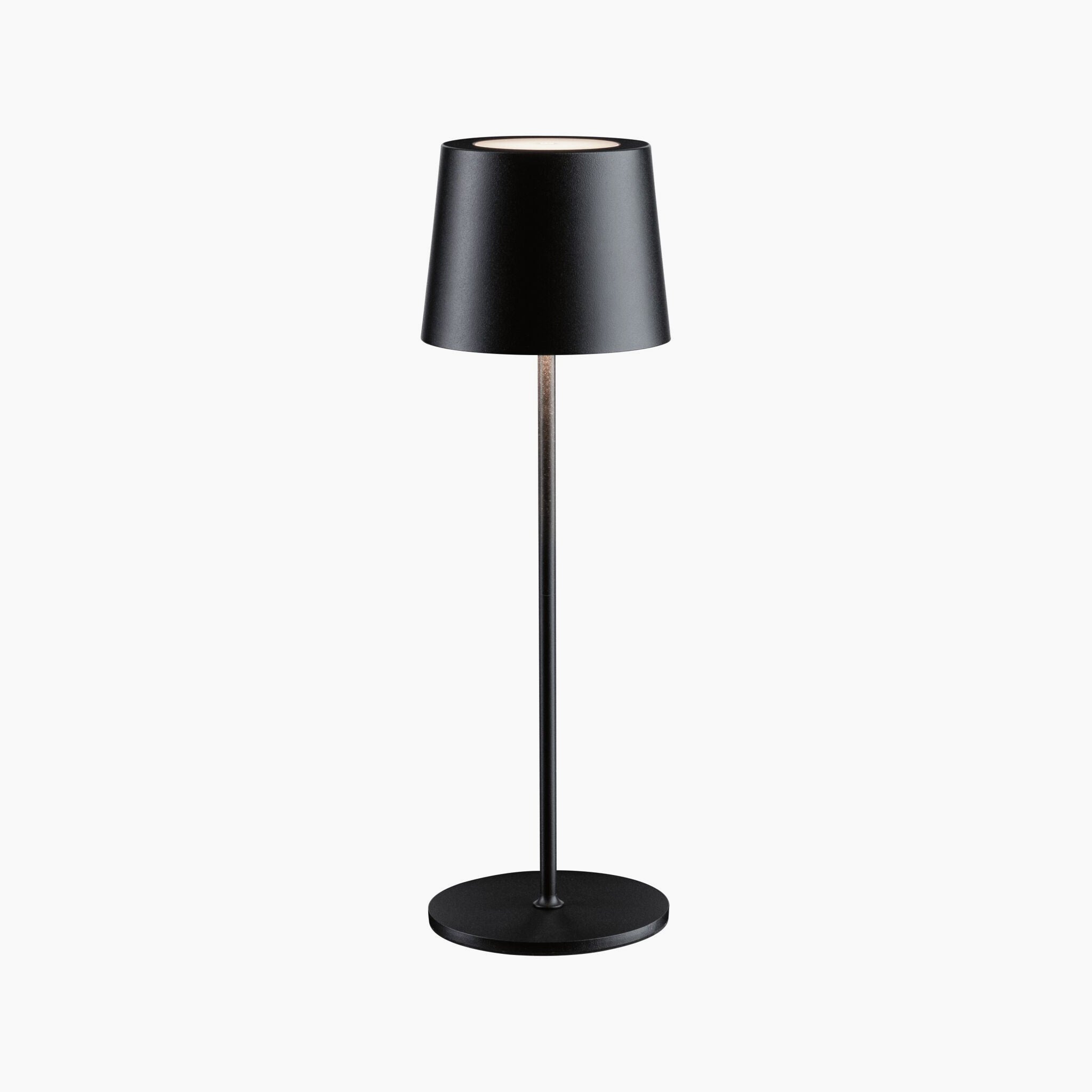 The Gilo 2.8W LED Mobile Dimmable Floor Lamp in Black Matt is a sleek, modern table lamp with a cylindrical base and black lampshade set against a white background. It features a warm white lighting mood and offers continuous touch dimming for customizable brightness.