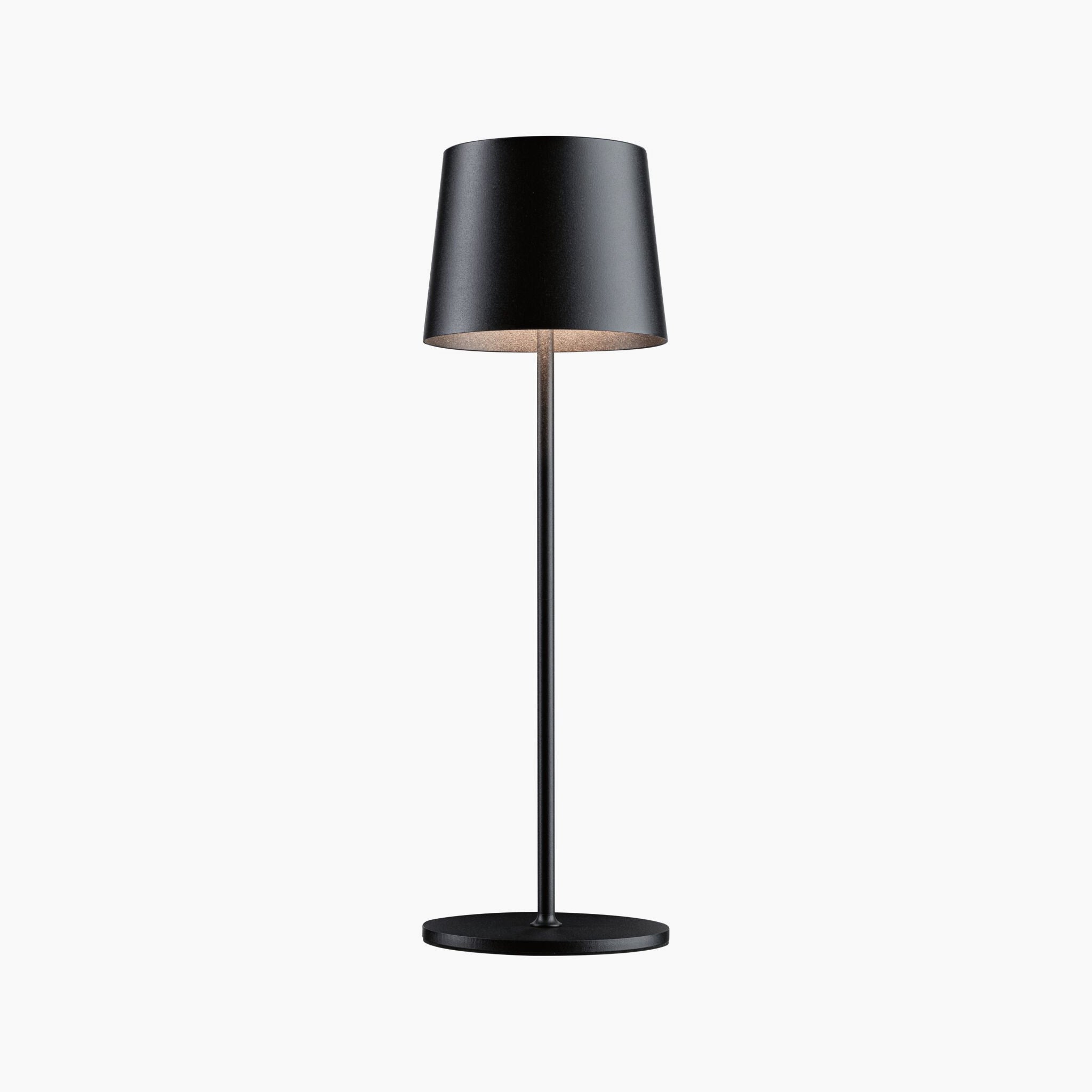 Introducing the Gilo 2.8W LED Mobile Dimmable Floor Lamp in Black Matt, a sleek and modern fixture with a cylindrical base and matching black lampshade that stands out against a white background, offering warm white lighting to create a cozy ambience.