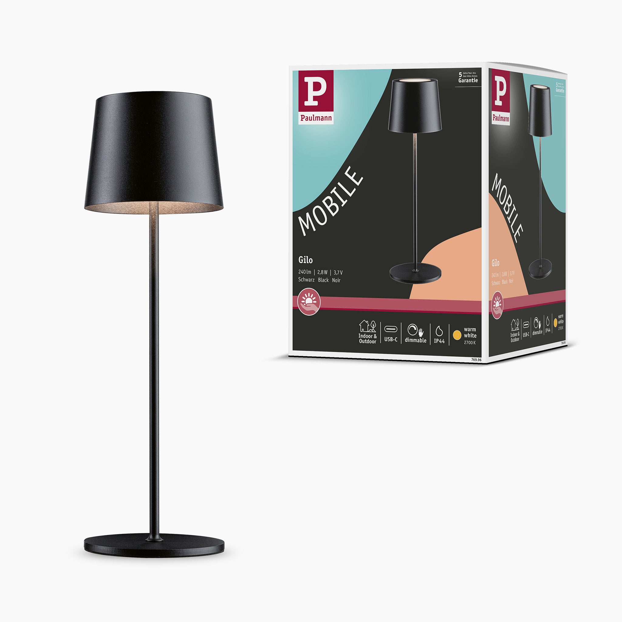 A black Gilo 2.8W LED Mobile Dimmable Floor Lamp in Black Matt placed next to its packaging box, labeled "Paulmann Mobile." The box displays an image of the lamp and highlights features such as continuous touch dimming and a warm white lighting mood.