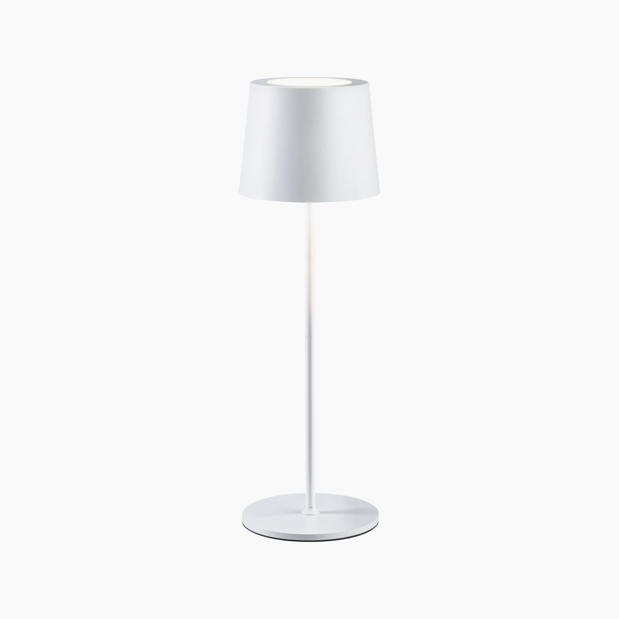 The Gilo 2.8W LED Mobile Dimmable Floor Lamp in White Matt, featuring a cylindrical base and a conical lampshade with USB-C touch dimming for easy adjustment, stands against a plain background.