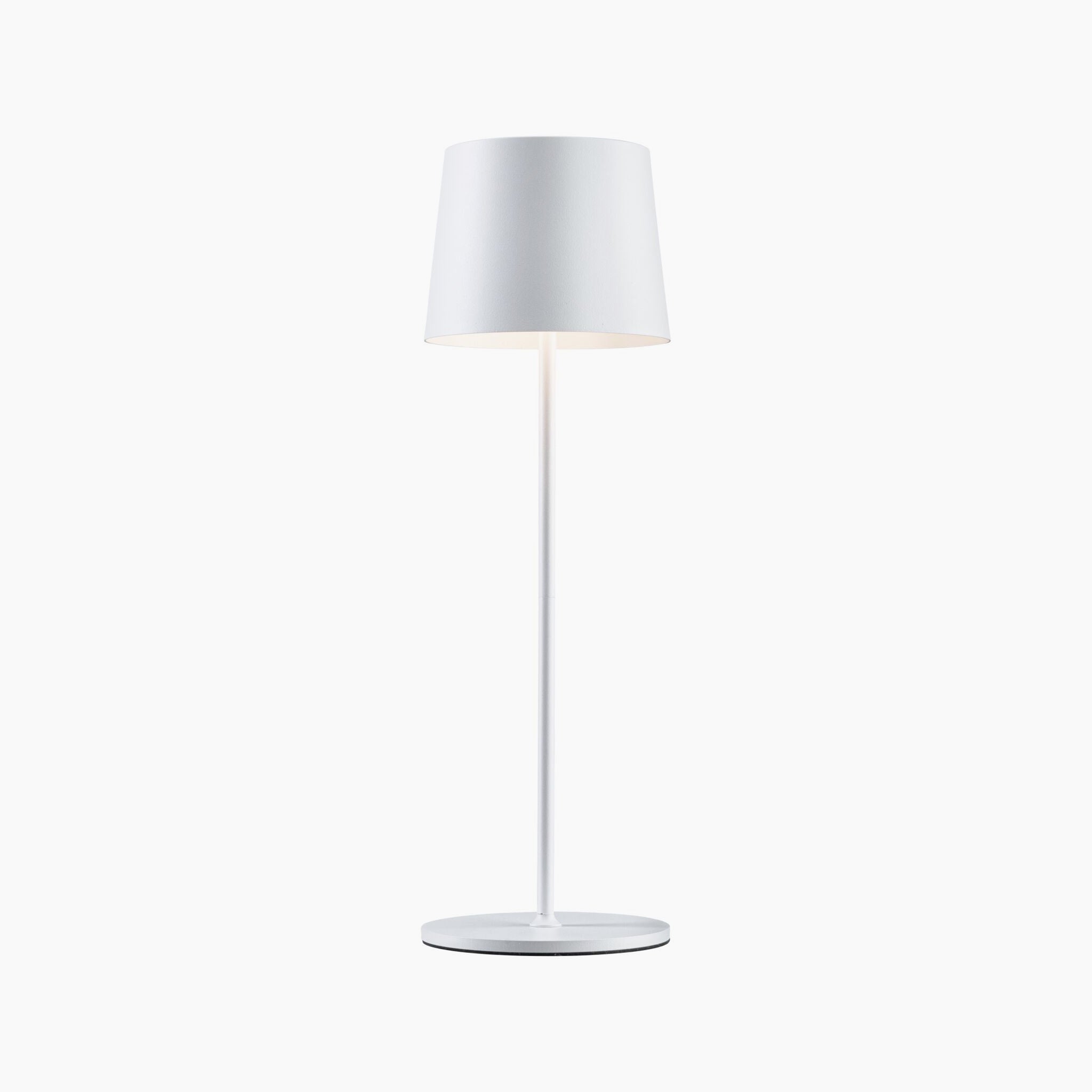 The Gilo 2.8W LED Mobile Dimmable Floor Lamp in White Matt is a sleek white floor lamp with a round base and a cylindrical lampshade on a simple stand, featuring USB-C touch dimming for easy indoor lighting control.