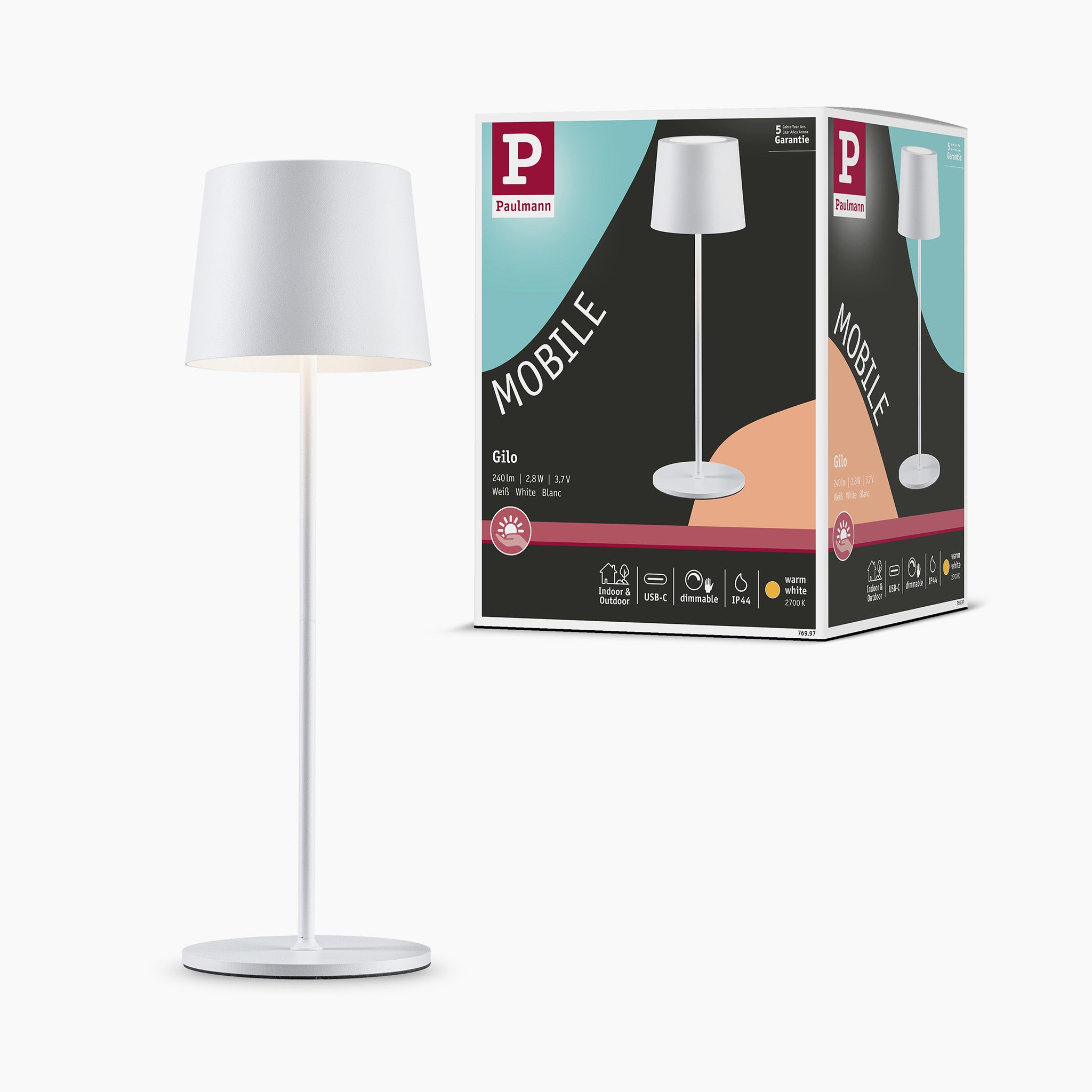 A Gilo 2.8W LED Mobile Dimmable Floor Lamp in White Matt stands next to its packaging, displaying the same lamp image and specifications by brand Paulmann, featuring convenient USB-C touch dimming.