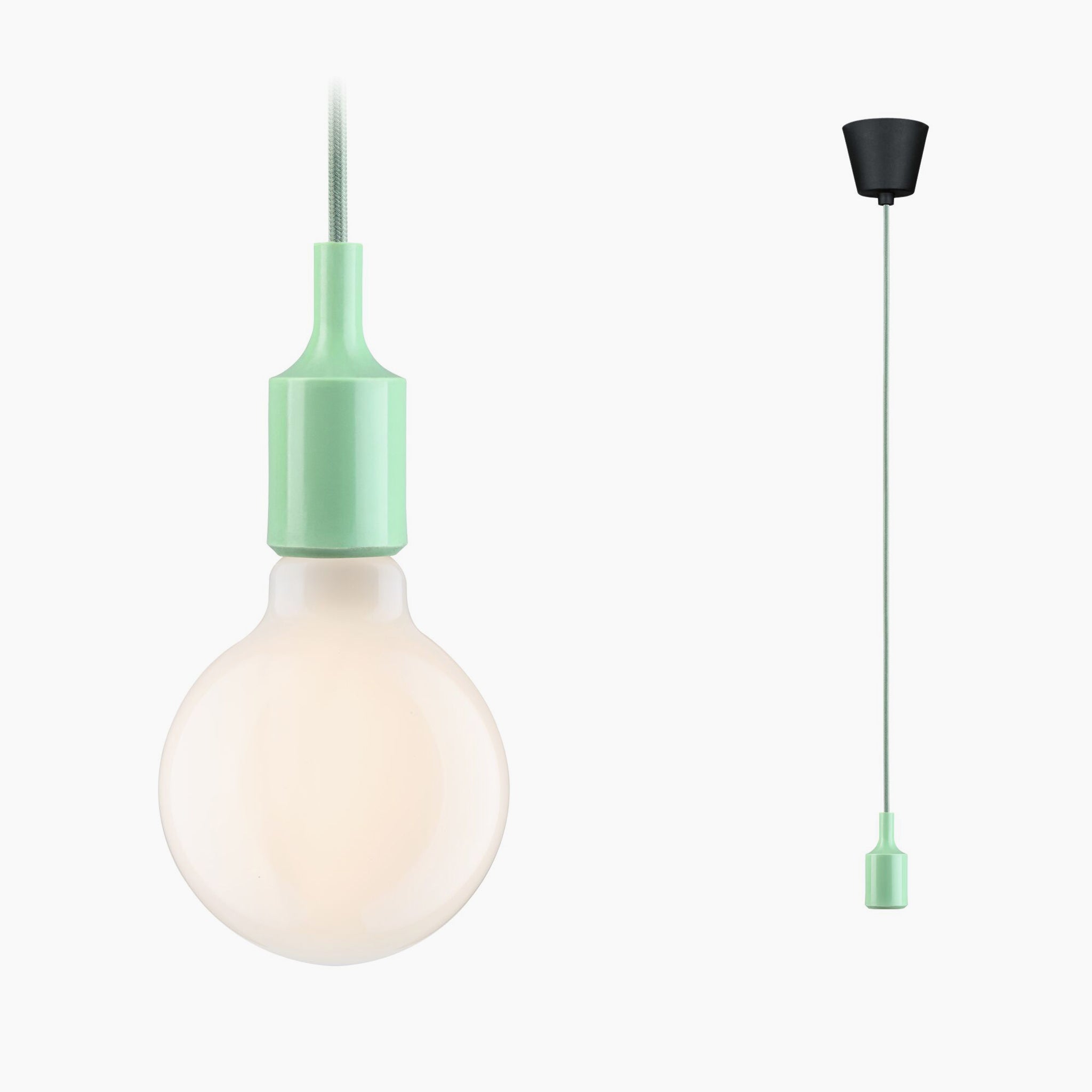 The Paulmann - Neordic Ketil 60W Dimmable Pendant Light in Light Green showcases a minimalist design with a round bulb and a mint green silicone holder, elegantly hung by an extended green cord against a crisp white backdrop. It is compatible with E27 lamps, offering versatile usage.